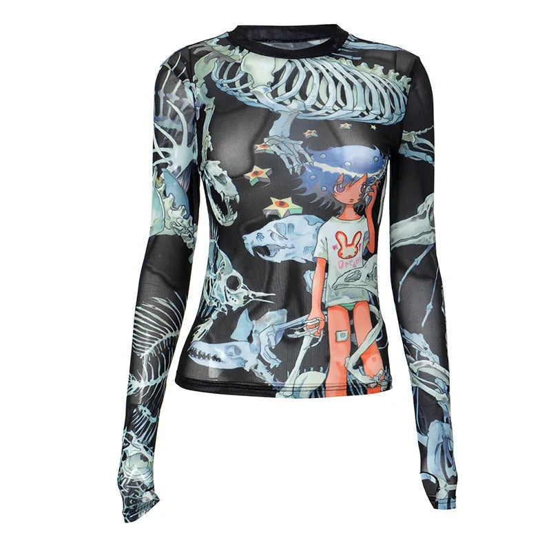 Anime Graphic Print Mesh Sheer Long Sleeve T-Shirt - Y2K Harajuku Style Women's Top for Fall 2024 | Casual Streetwear, Cosplay & Anime Convention Outfit