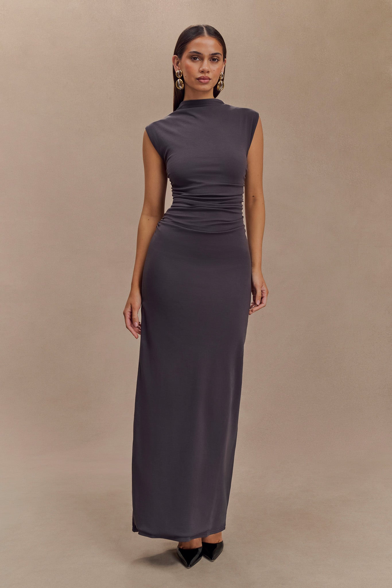 Elliot High Neck Sleeveless Maxi Dress - Dark Charcoal Elegant Evening Gown for Women | Perfect for Weddings, Parties & Special Occasions