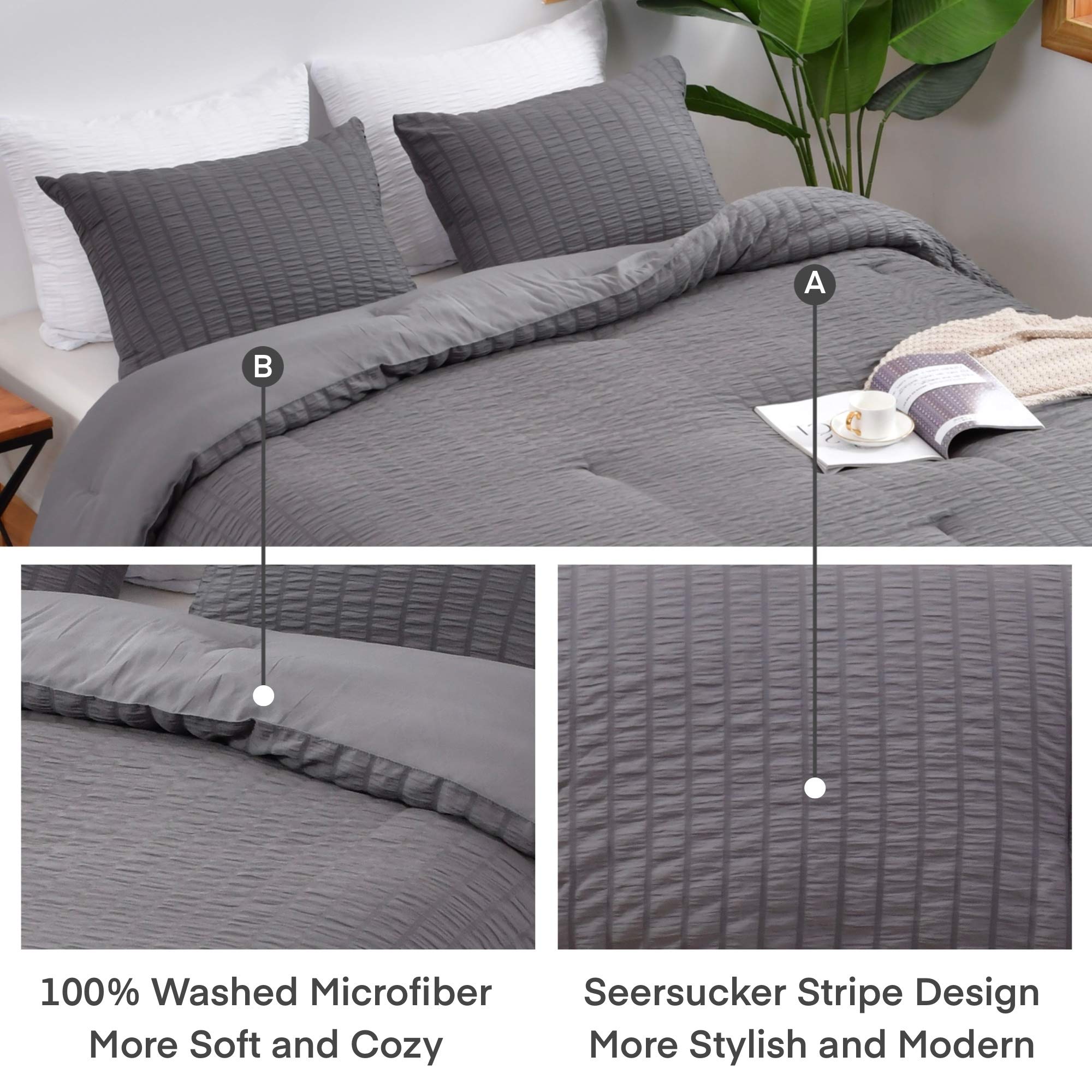 AveLom Seersucker Full Comforter Set (80x90 inches) - 3 Piece 100% Soft Washed Microfiber Lightweight Bedding Set with 2 Pillowcases | All Season Down Alternative Comforter for Queen/Full Size Beds | Breathable & Cozy for Summer, Winter, and Year-Round Comfort (Gray)