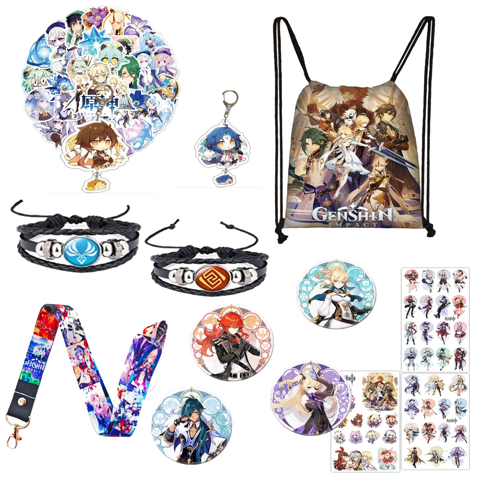Genshin Impact Merchandise Gift Set - Anime Drawstring Backpack, 50 Cartoon Stickers, Lanyard, Keychains, Bracelets, Button Pins for Fans | Perfect for Cosplay, Conventions & Gaming Collectors