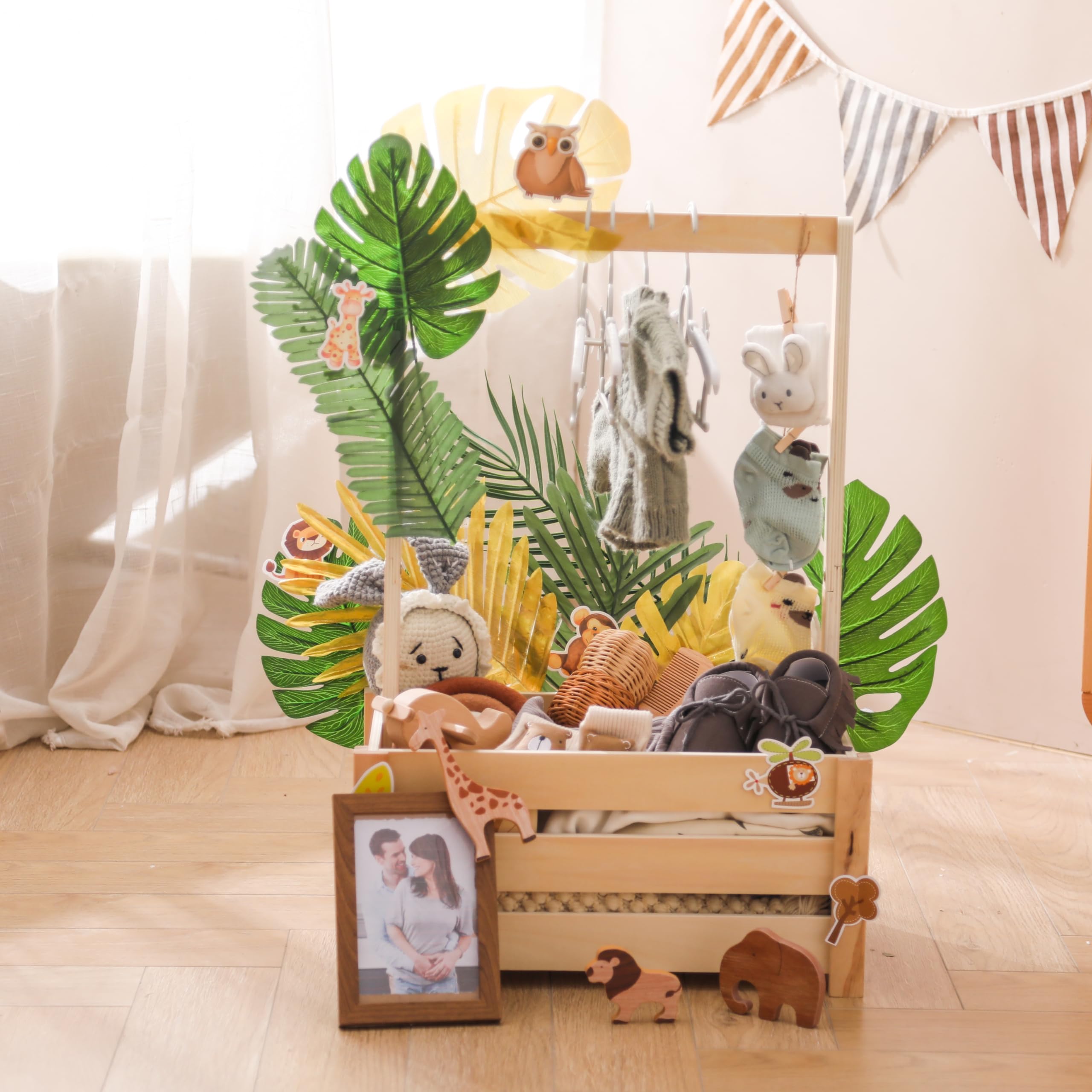 HI BABY MONMENT Wooden Baby Shower Gift Basket - Adjustable Handle Storage Crate & Hamper with Garland for Pregnancy, New Parents (Bush Animal Combo) - Perfect for Nursery Organization, Baby Shower Decor & Gender Reveal Parties