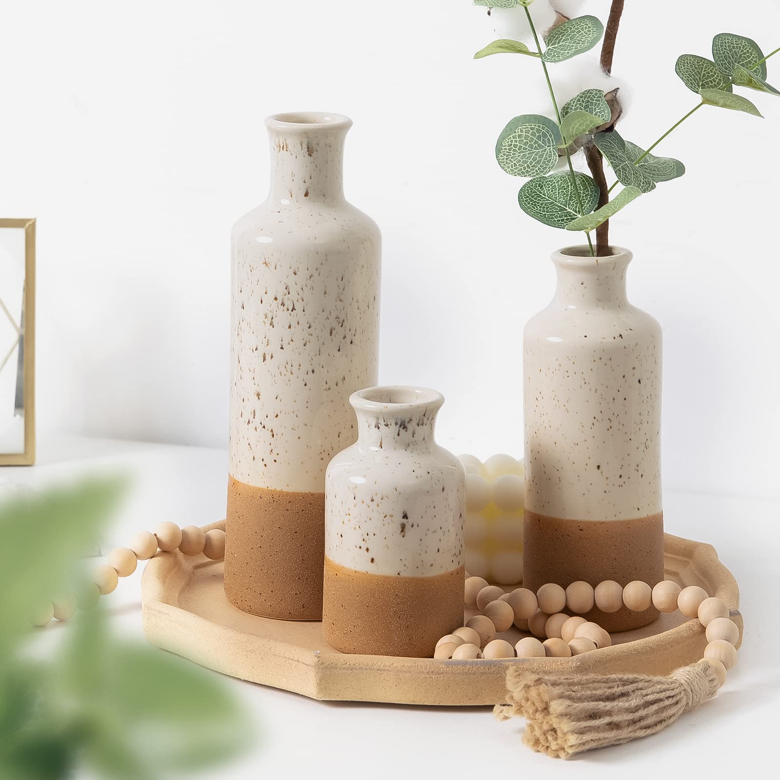 Boho Ceramic Vase Set - 3pcs White & Brown Table Decor for Living Room