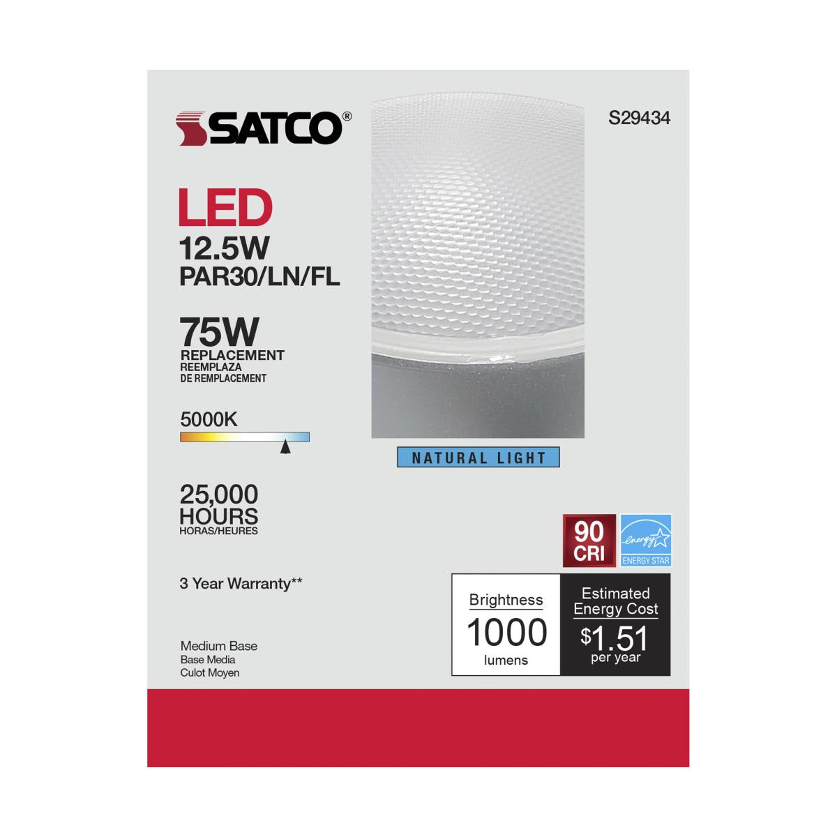 Satco S29434 LED Par30 Light Bulb - 12.5W, 5000K Daylight, 40° Beam Angle, 120V - Perfect for Track Lighting, Recessed Cans & Display Cases