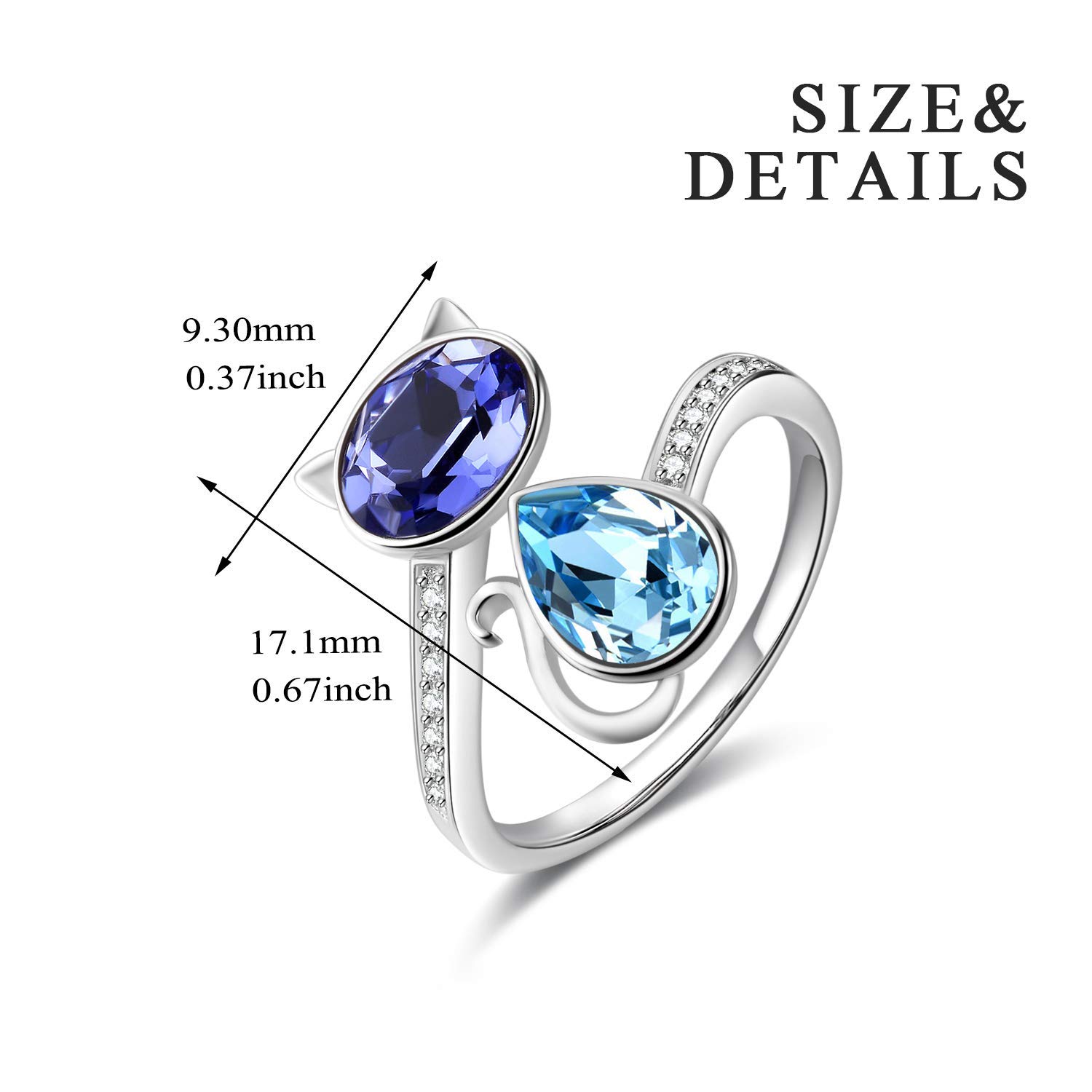 OBOCO Sterling Silver Cat Jewelry Set - Blue Purple Austrian Crystal Adjustable Ring & Stud Earrings | Adorable Kitten Pet Jewelry for Cat Lovers | Perfect Anniversary Gift for Women | Great for Casual Wear, Date Nights & Cat-Themed Parties