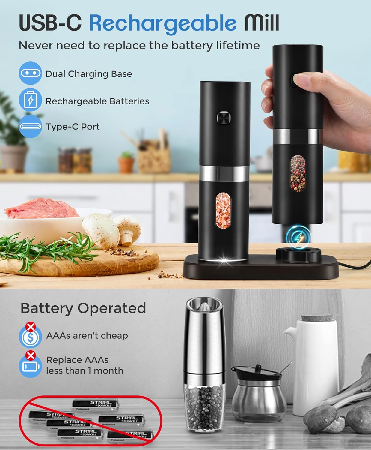 2024 Rechargeable Electric Salt and Pepper Grinder Set - Automatic One-Hand Operation with LED White Light, 4 Batteries & Charging Base (2-Pack, Black) - Perfect for Kitchen, Dining Table & Outdoor BBQ