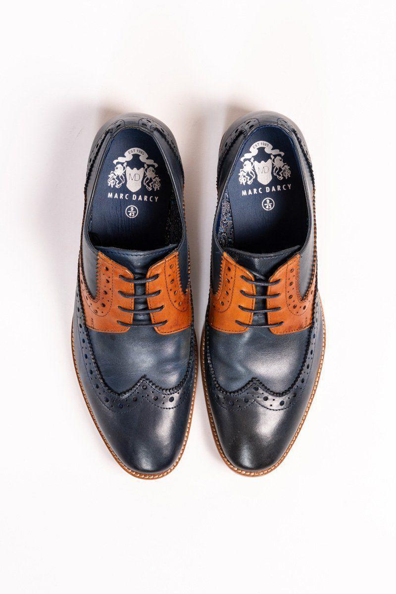 RILEY Navy & Tan Leather Contrast Oxford Brogue Shoes for Men | Classic Wingtip Dress Shoes for Business, Wedding & Formal Occasions