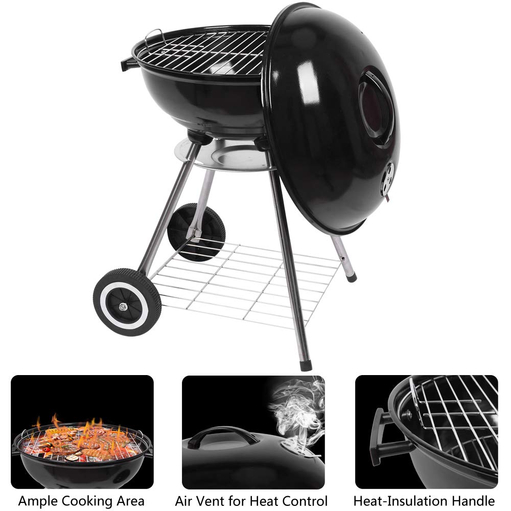 18 Inch Round Kettle Charcoal Grill - Portable Steel BBQ Oven with Wheels & Ash Catcher | Outdoor Backyard, Patio, Camping, Picnic & Party Barbecue Cooker | Perfect for Tailgating, Beach Cookouts and Family Gatherings