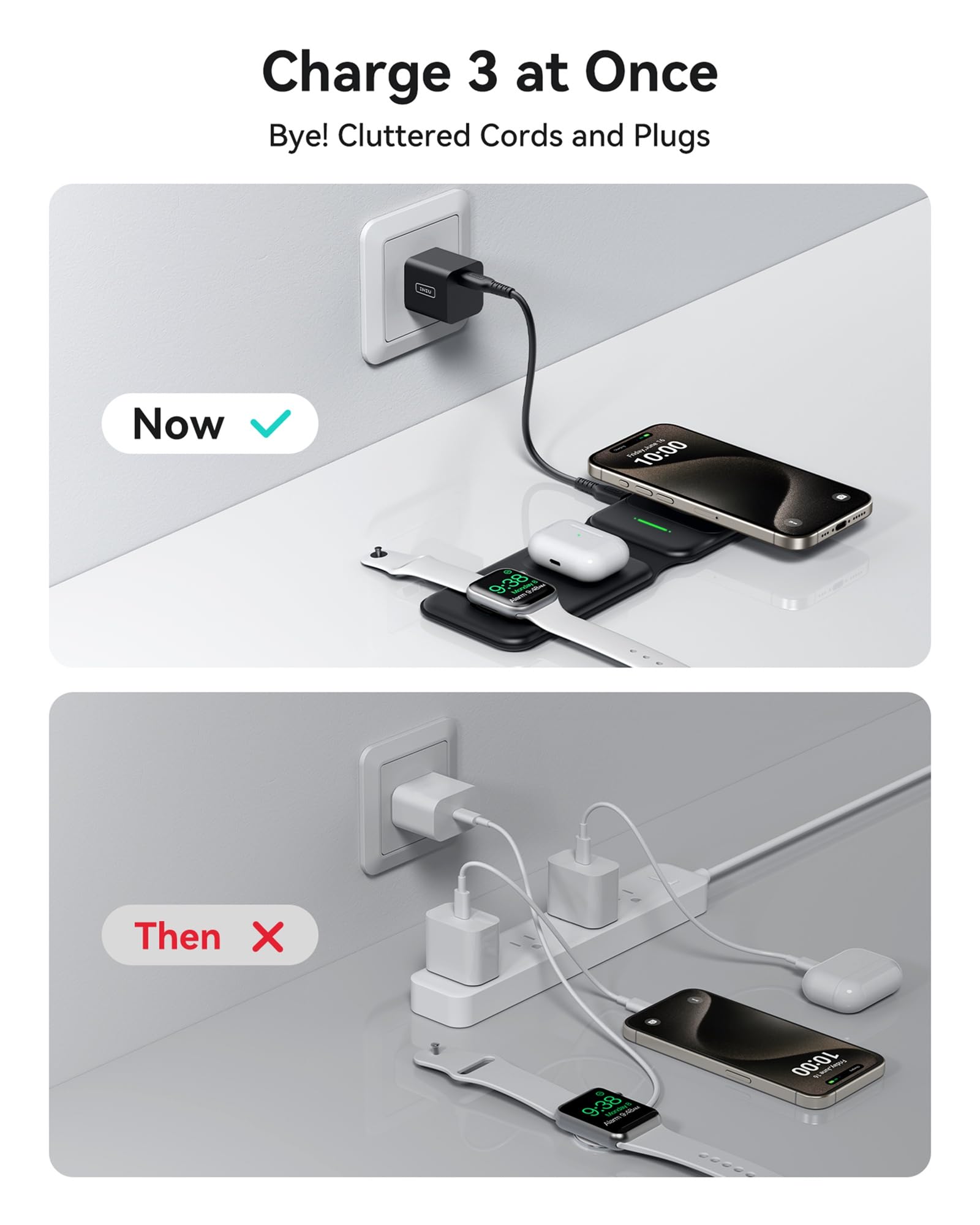 INIU 3-in-1 Wireless Charging Station with MagSafe - Qi Certified Fast Charger for iPhone 16/15/14/13/12 Pro Max, Apple Watch Ultra, AirPods Pro - Compact Travel-Friendly Design for Home, Office & Car Use