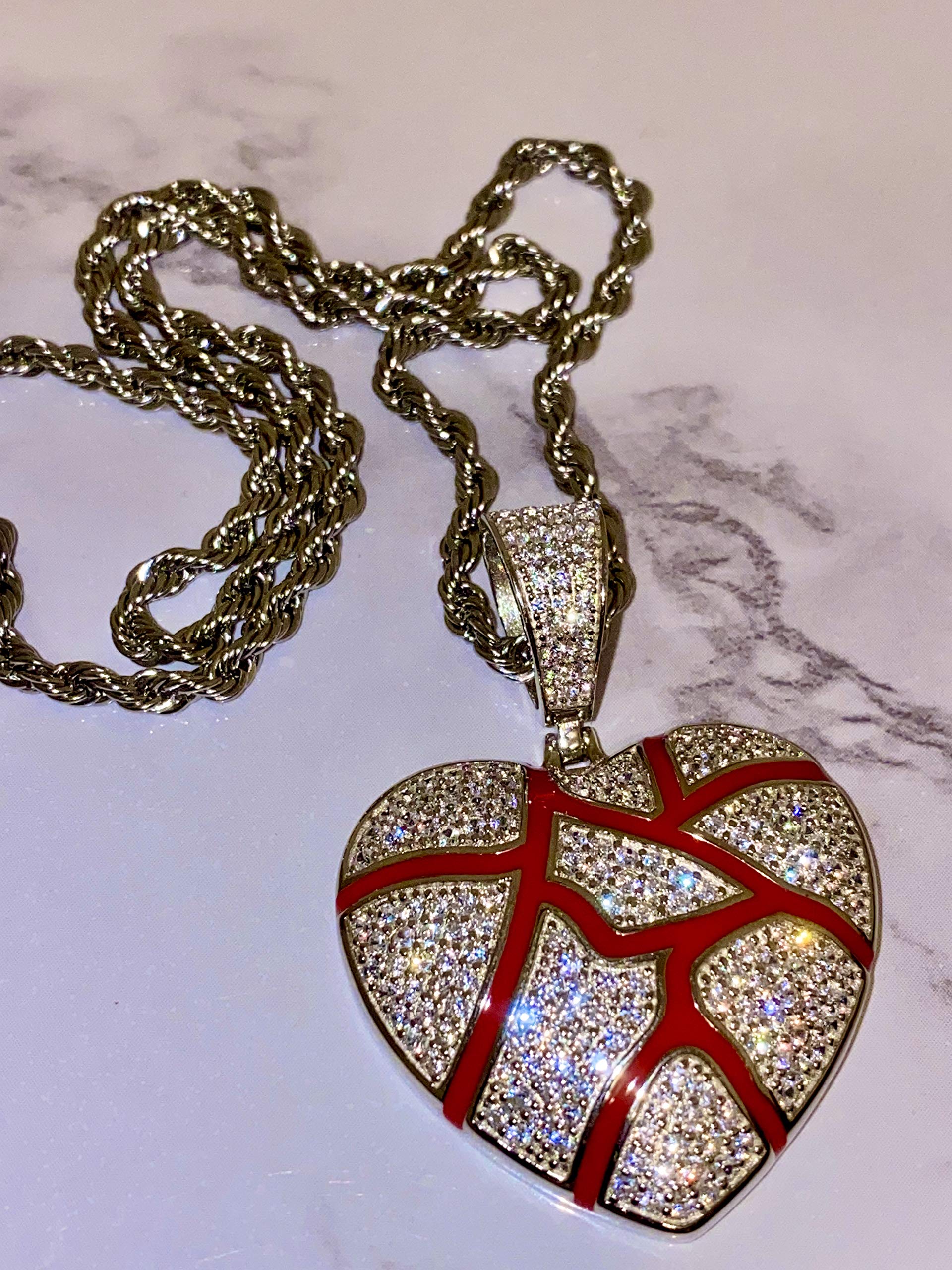 925 Sterling Silver Iced Broken Heart Pendant Necklace for Men & Women - 2mm Stainless Steel Rope Chain - Italian Iced Out Jewelry - Perfect for Gifts, Parties & Everyday Wear