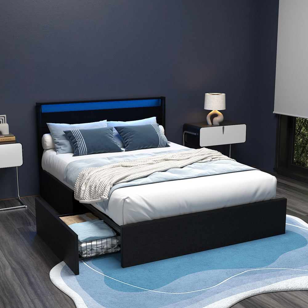 Dunelight LED Double Bed Frame with 4 Storage Drawers - Black | Modern Platform Bed with Underbed Storage & Ambient Lighting | Perfect for Small Bedrooms, Apartments & Guest Rooms
