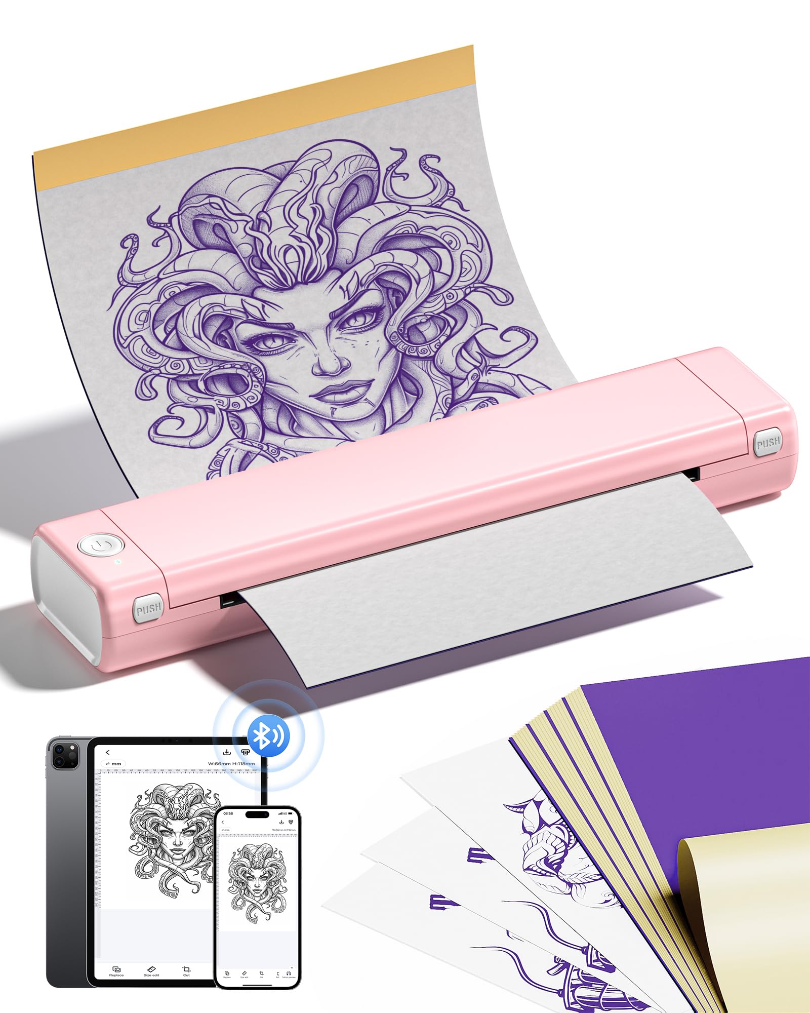 Itari M08F Wireless Tattoo Stencil Printer - Bluetooth Thermal Transfer Machine with 10pcs Tattoo Paper, Compatible with Smartphone & PC (Pink) | Professional Tattoo Design Transfer for Artists & Studios