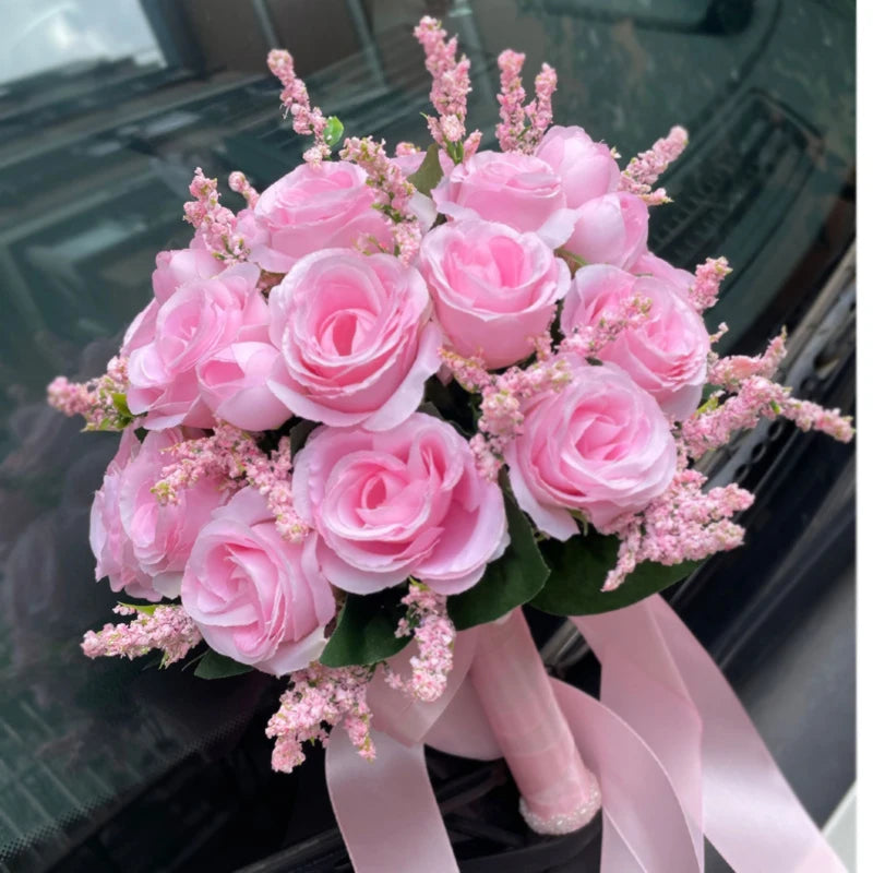 Artificial Silk Rose Wedding Bouquet with Satin Ribbon - Elegant Bridal Bouquet for Wedding, Bridal Shower, Anniversary & Home Decor