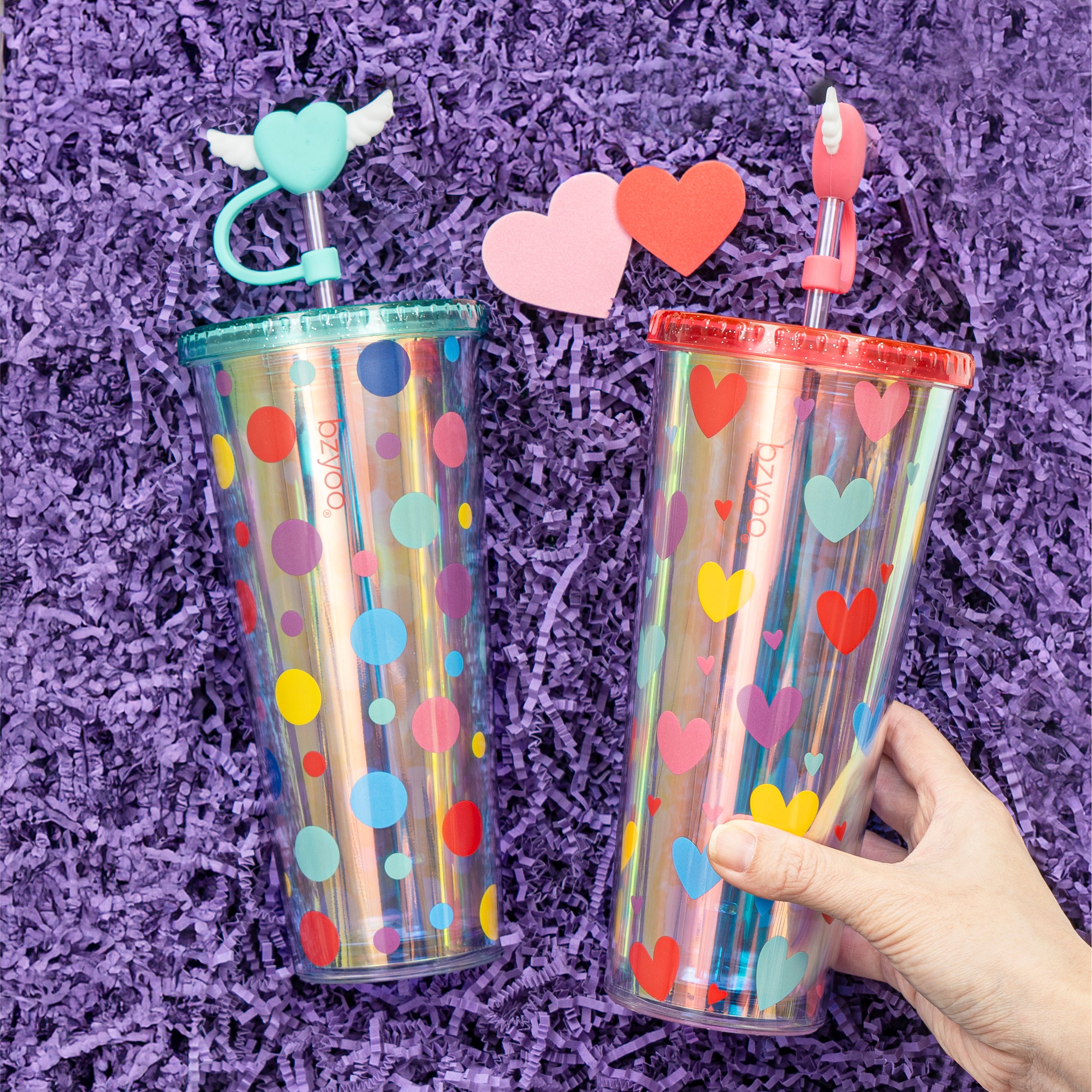 24oz Insulated Tumbler with Heart-Shaped Lid & Wing Straw - Cute Polka Dot Design - Perfect for Coffee, Iced Tea & Cold Drinks at Work, Gym or Travel