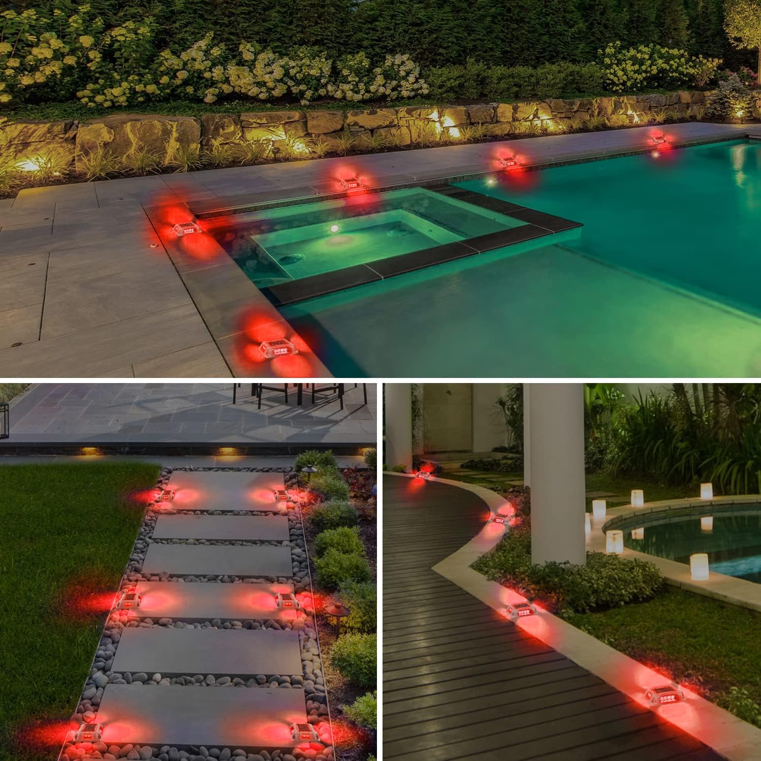 T-SUN Solar Deck Lights Outdoor 12 Pack - Waterproof Red LED Pathway Lights for Driveway, Garden, Walkway, Stairs, Dock & Marine Use - Perfect for Yard, Sidewalk and Landscape Lighting at Night