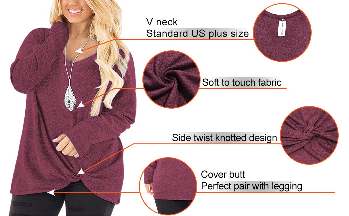 DOLNINE Women's Plus Size Knotted Tops Long Sleeve Tee Shirts - Loose Casual Blouse for Women | Comfortable & Stylish Tunic Top for Everyday Wear, Office, and Outings