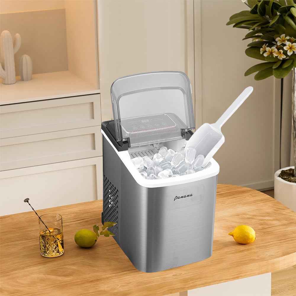 Panana Countertop Ice Maker Machine - 26lbs/24H, Makes 9 Ice Cubes in 7-10 Minutes, Automatic Portable Ice Maker with Handle, Scoop & Basket (Silver) - Perfect for Home, Office, Parties & Outdoor Activities