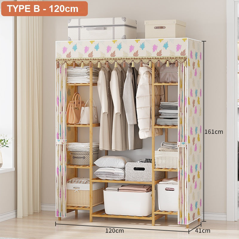 150cm Wide Bamboo Clothes Rack - Garment Closet Organizer with Hanging Rail & Dustproof Fabric Cover for Bedroom, Closet, Laundry Room Storage