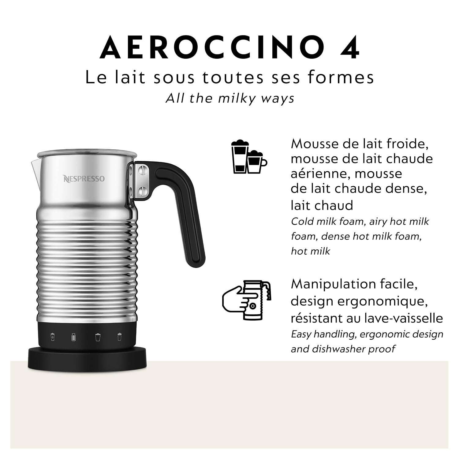 Nespresso Aeroccino 4 Electric Milk Frother - Dishwasher Safe, 4 Preparation Styles, Silver & Black - Perfect for Lattes, Cappuccinos & Hot Chocolate at Home or Office