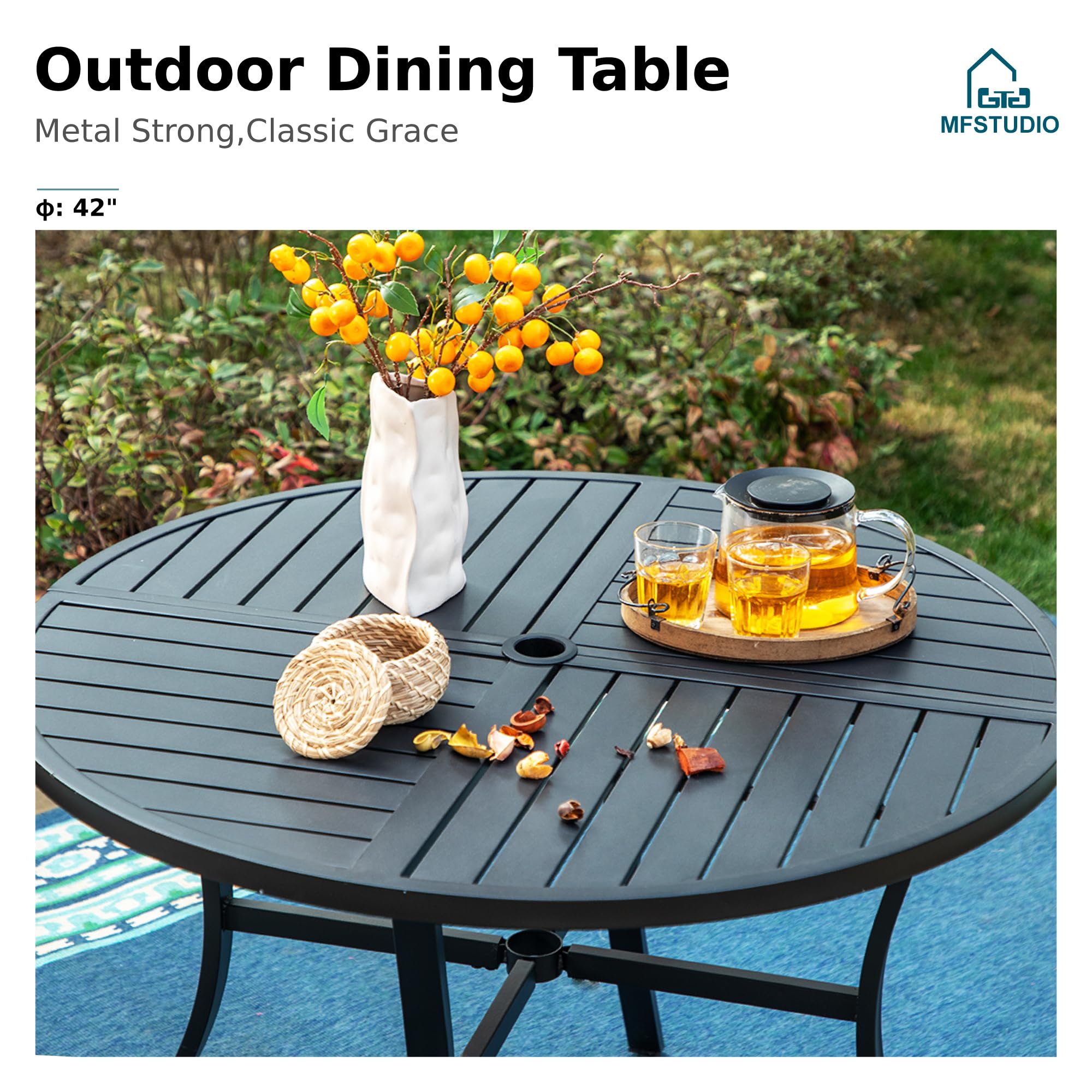MFSTUDIO 5-Piece Outdoor Rattan Dining Set for 4 with Swivel Chairs, Round Patio Table & Metal High Back Chairs - Perfect for Backyard, Garden, and Poolside Entertaining