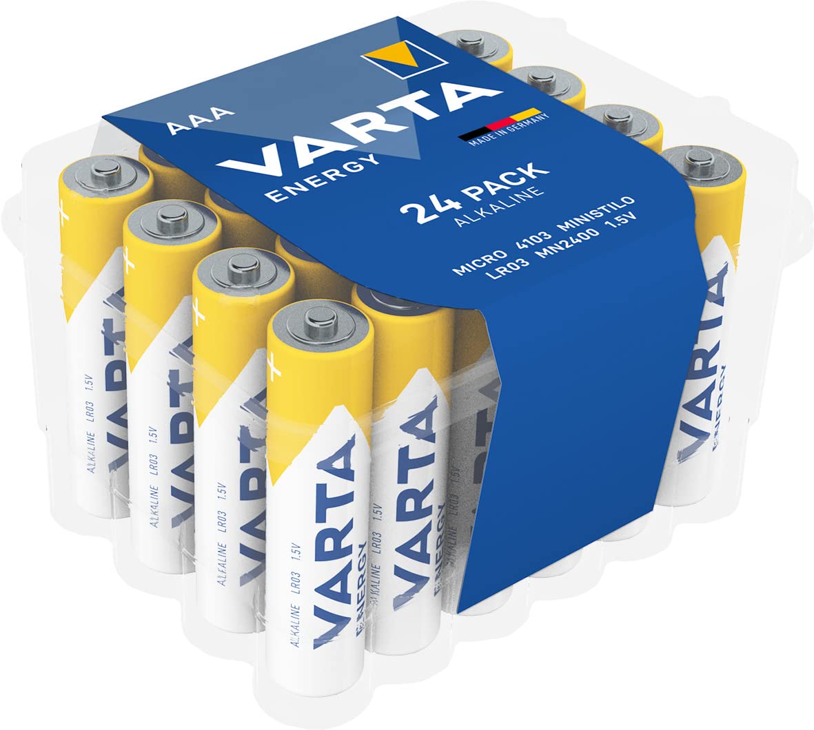 VARTA Energy AAA Alkaline Batteries 24-Pack - LR03 Micro Batteries Made in Germany - Long-Lasting Power for Radios, Wall Clocks, Remote Controls & Electronic Devices