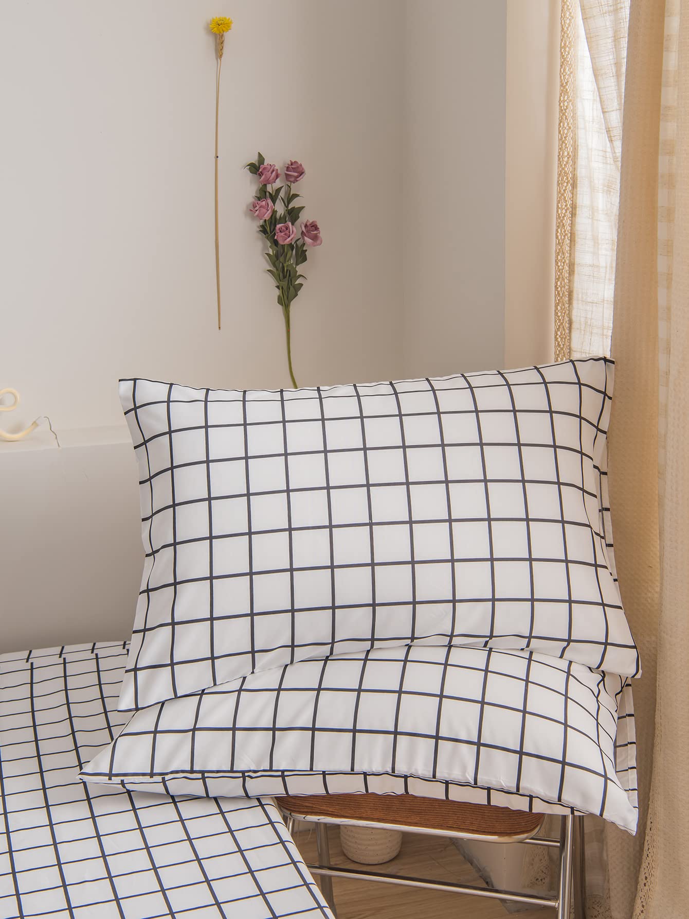Premium White Grid Pillowcase Set - 2 Pack Queen Size (20x30 Inches) - Ultra Soft Breathable Microfiber Pillow Covers with Classic Plaid Design for Bedroom, Living Room & Guest Room Decor