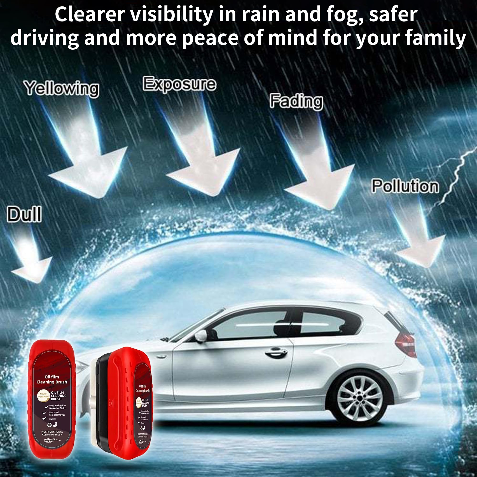 2025 Premium Car Glass Cleaner Kit - All-in-One Windshield Oil Film Remover & Hydrophobic Coating with Cleaning Brush (1 Brush, 4oz & 3.38oz Liquid) | Perfect for Car Windshields, Home Windows & Mirrors