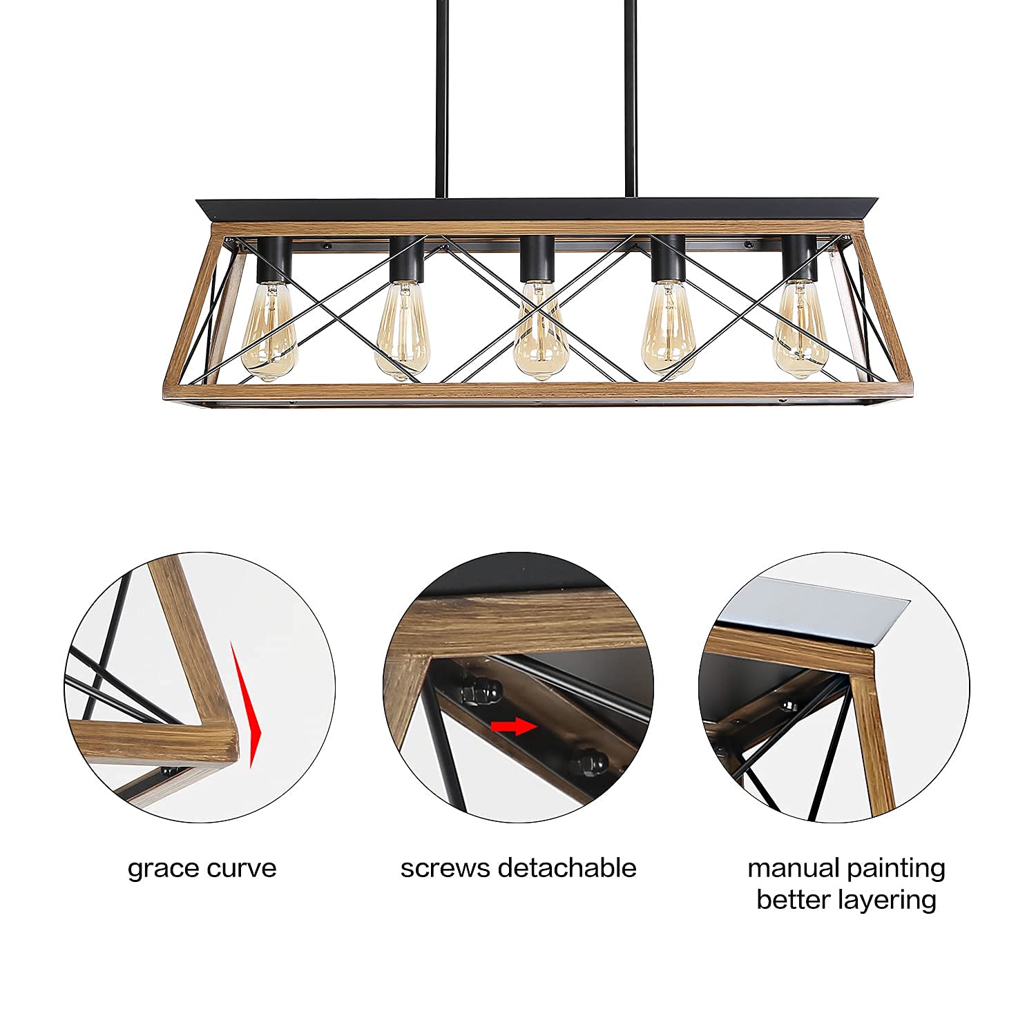 Rustic Farmhouse Chandelier - 5-Light Linear Pendant Lighting for Dining Room & Kitchen Island | Metal Rectangular Ceiling Light Fixture | Perfect for Country Style Homes & Modern Farmhouse Decor