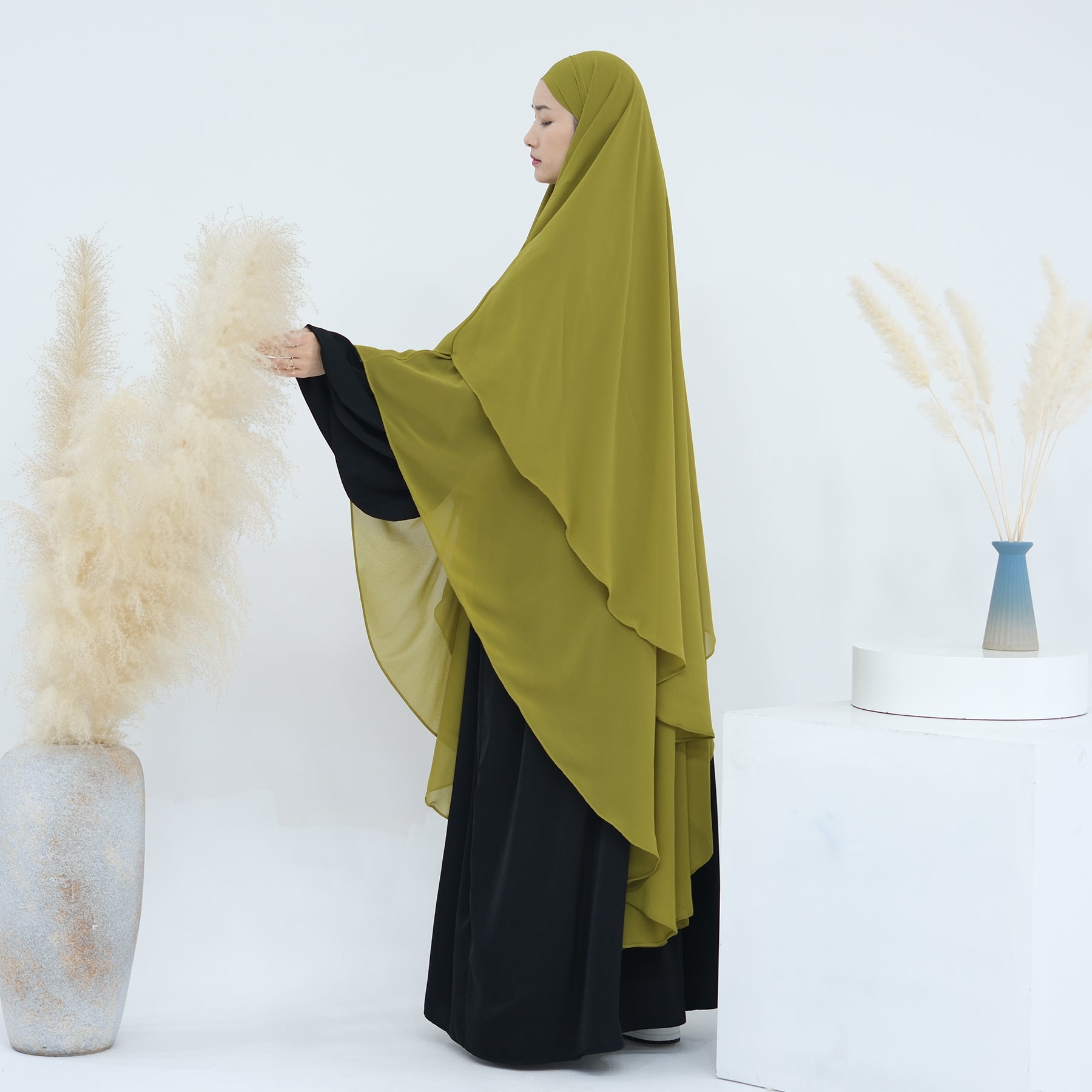 2 Layer Maxi Chiffon Khimar Scarf - Lemon Yellow Muslim Prayer Hijab Shawl for Women, Perfect for Daily Wear, Prayer & Special Occasions