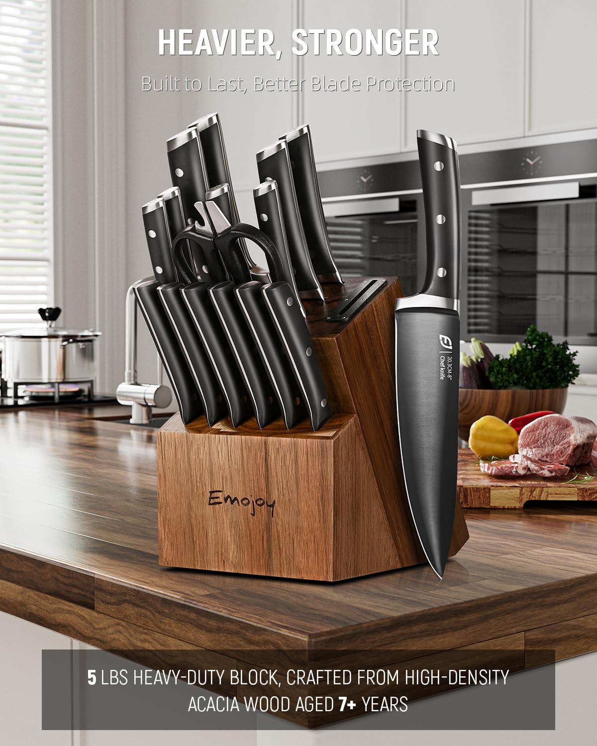 Emojoy 17-Piece Premium Kitchen Knife Set with Acacia Wood Block - Titanium Stainless Steel Knives with Built-in Sharpener, Rust Proof Cutlery Set for Professional Chefs & Home Cooking | Perfect for Meat Cutting, Vegetable Chopping & Food Prep