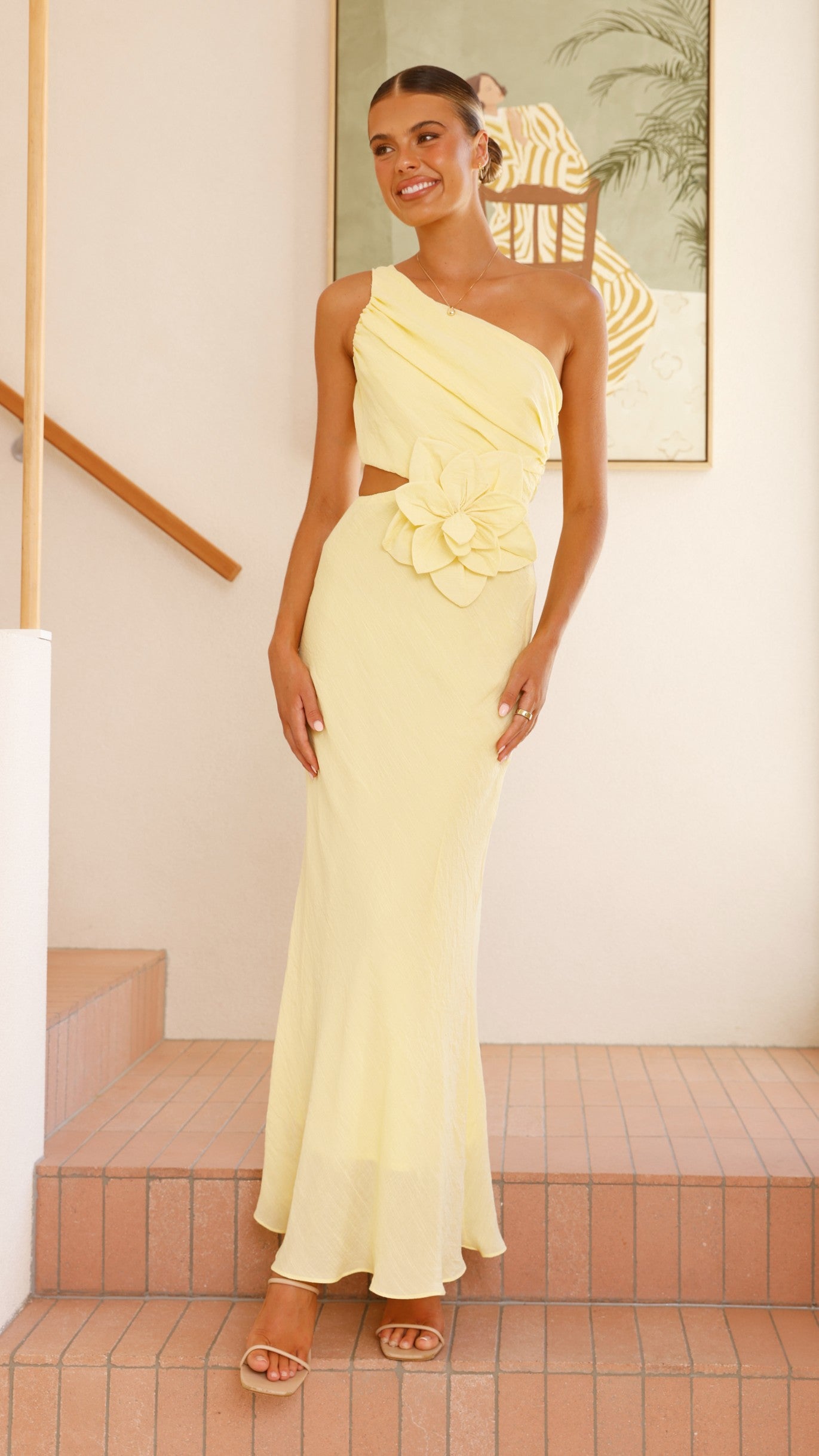 Elegant Bloom One Shoulder Cut Out Maxi Dress in Yellow - Perfect for Beach Vacations, Summer Parties & Evening Events