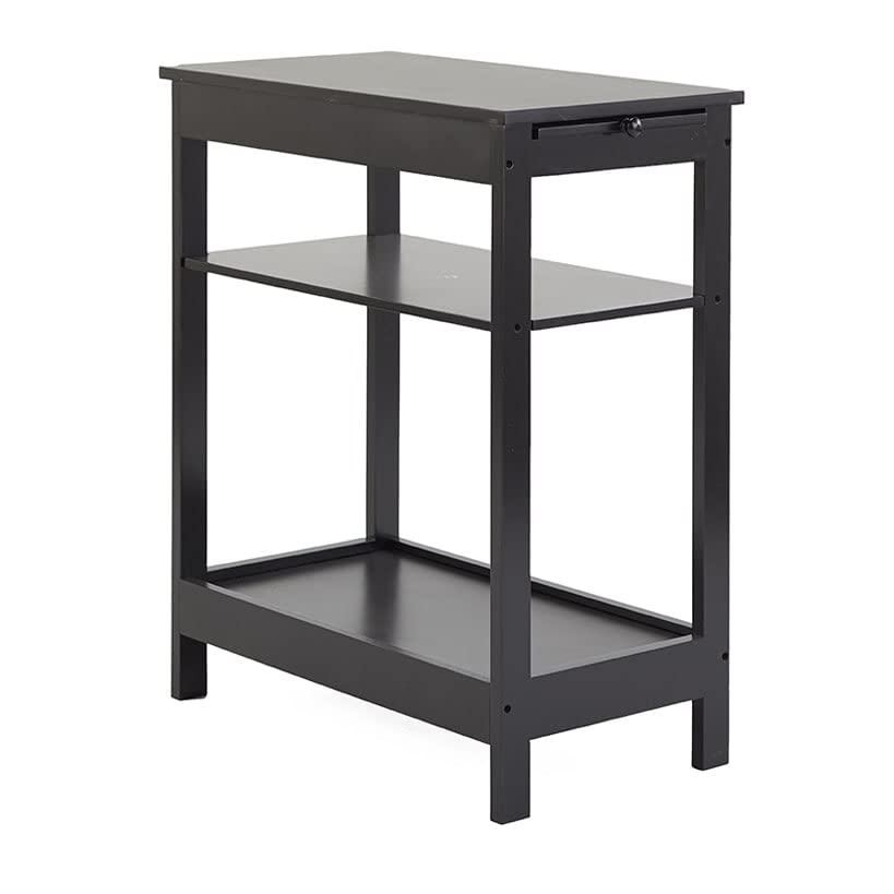 Compact Side Accent Table with Sliding Pull Tray & Shelf - Small Space End Table for Living Room, Bedroom, Office - Black Wood Nightstand for Home Decor