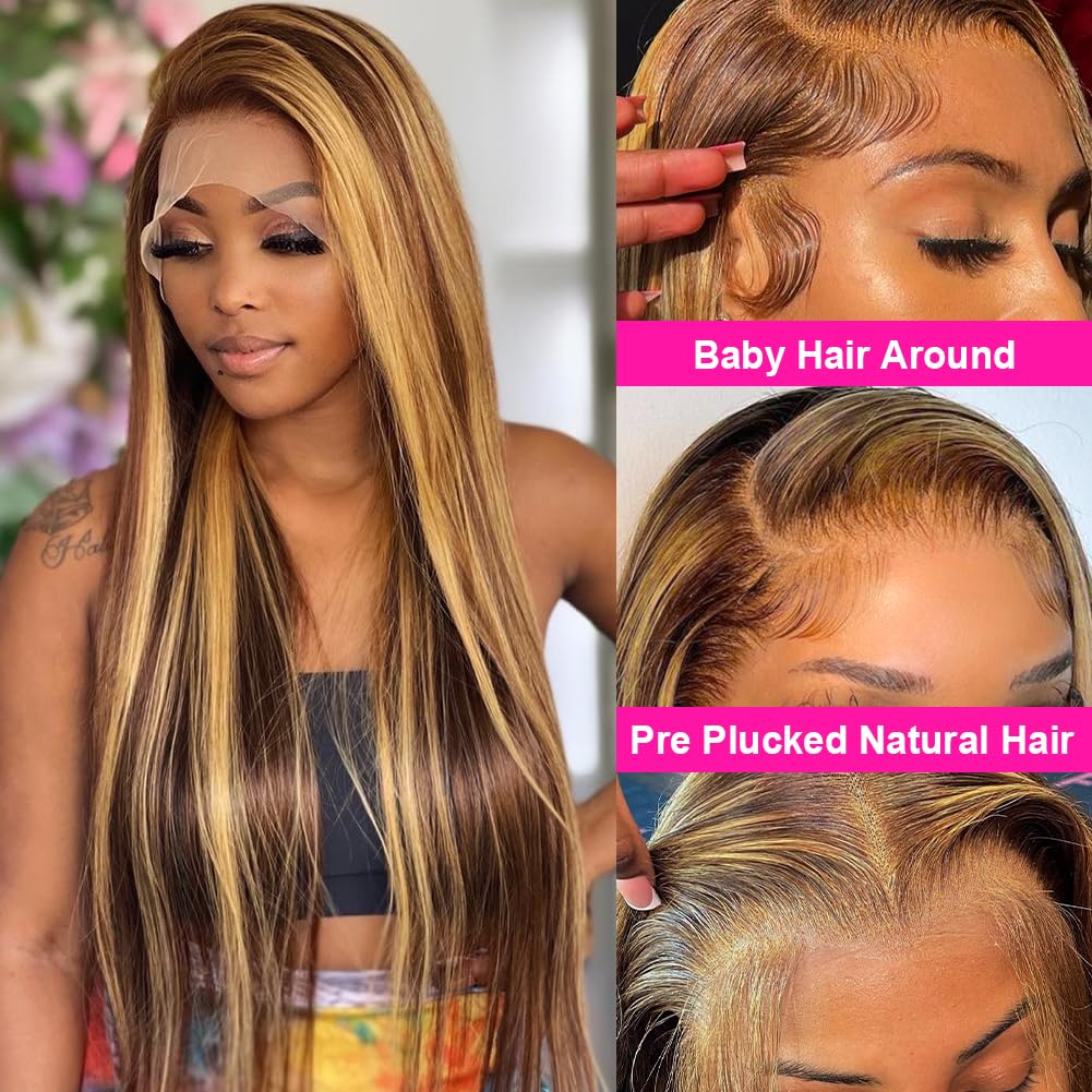 Subella HD Transparent Highlight Lace Front Wigs 180% Density Brazilian Human Hair - 4/27 Straight Pre Plucked Hairline with Baby Hair for Black Women (24 Inch) | Perfect for Daily Wear, Parties & Special Occasions