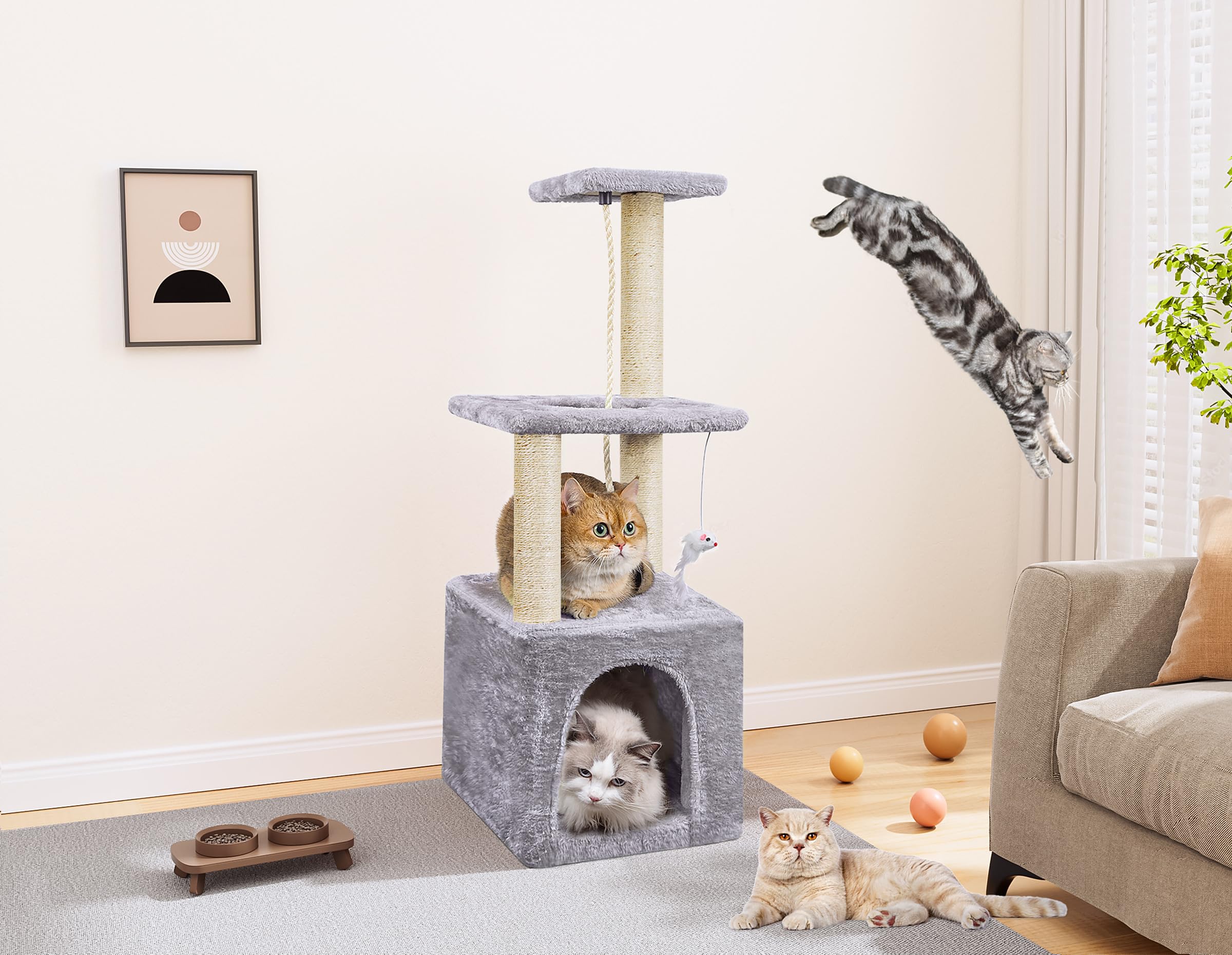 90cm Multi-Level Cat Tree with Scratching Post & Cat House - Sturdy Cat Tower for Indoor Cats to Climb, Play & Relax - Perfect for Small Spaces & Cat Nap Time (Grey)