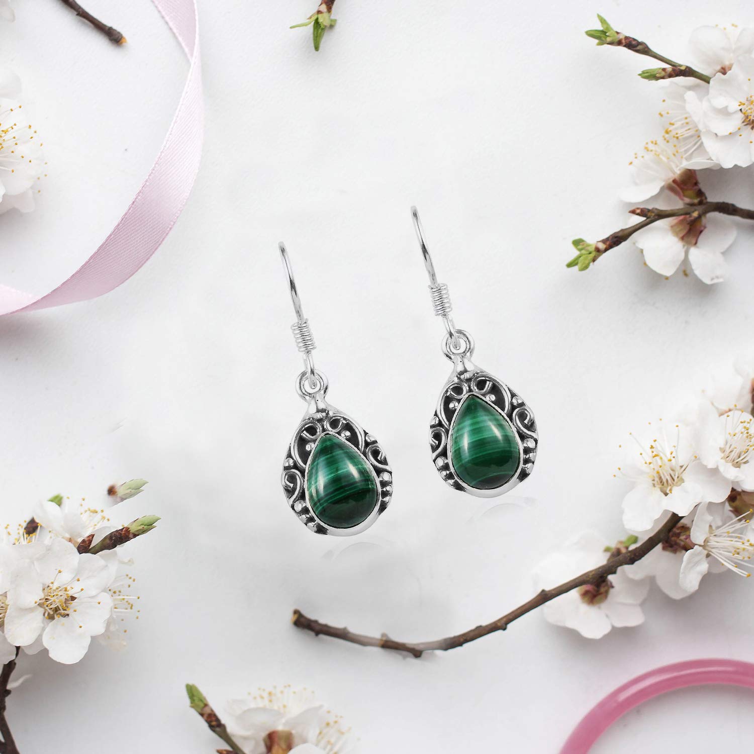 925 Sterling Silver Green Malachite Drop Dangle Earrings for Women | Handmade Gemstone Jewelry | Birthday Gift for Her | Perfect for Parties, Weddings & Special Occasions