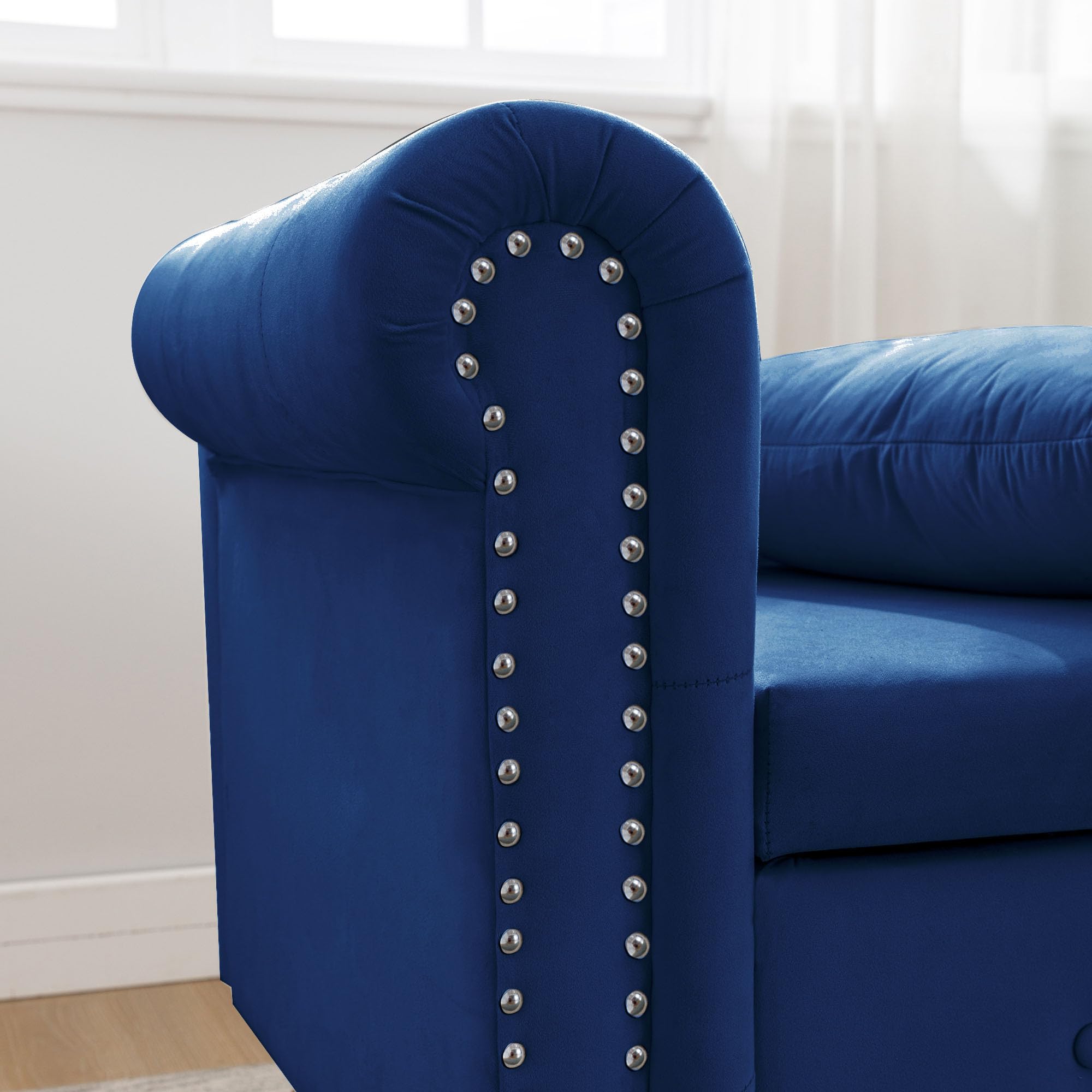 Warmiehomy Velvet Chaise Lounge Chair with Pillow - Modern Upholstered Rolled Arm Storage Ottoman for Bedroom, Living Room & Office - Navy Blue with Nailhead Trim | Perfect for Relaxing, Reading & Napping