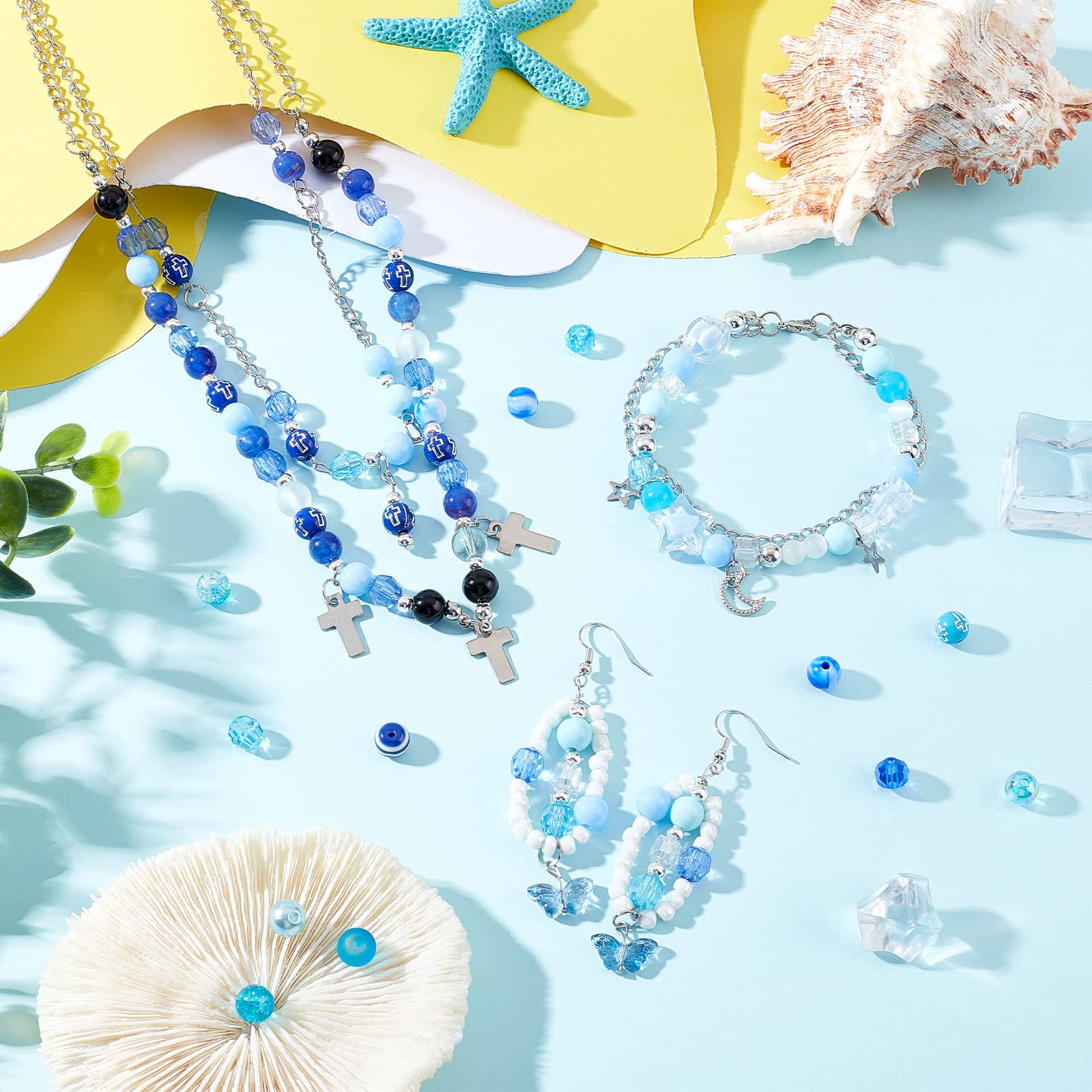 600pcs 8mm Blue Acrylic Glass Beads - 24 Styles Striped Pearl Sea Beads for Jewelry Making, DIY Bracelets, Necklaces, Earrings & Keychains | Perfect for Summer Boho Crafts & Gifts
