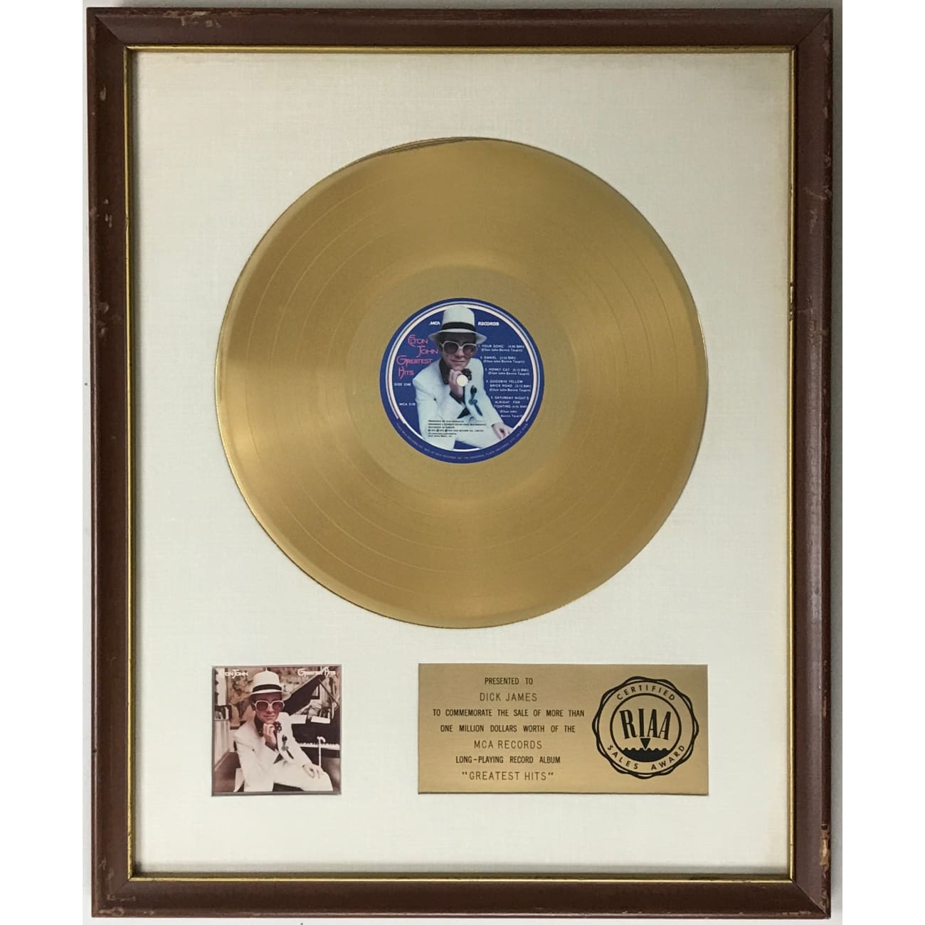 Elton John Greatest Hits White Matte RIAA Gold LP Award - Rare Vinyl Record for Collectors & Music Enthusiasts - Perfect for Home Decor, Gifts & Music Lovers