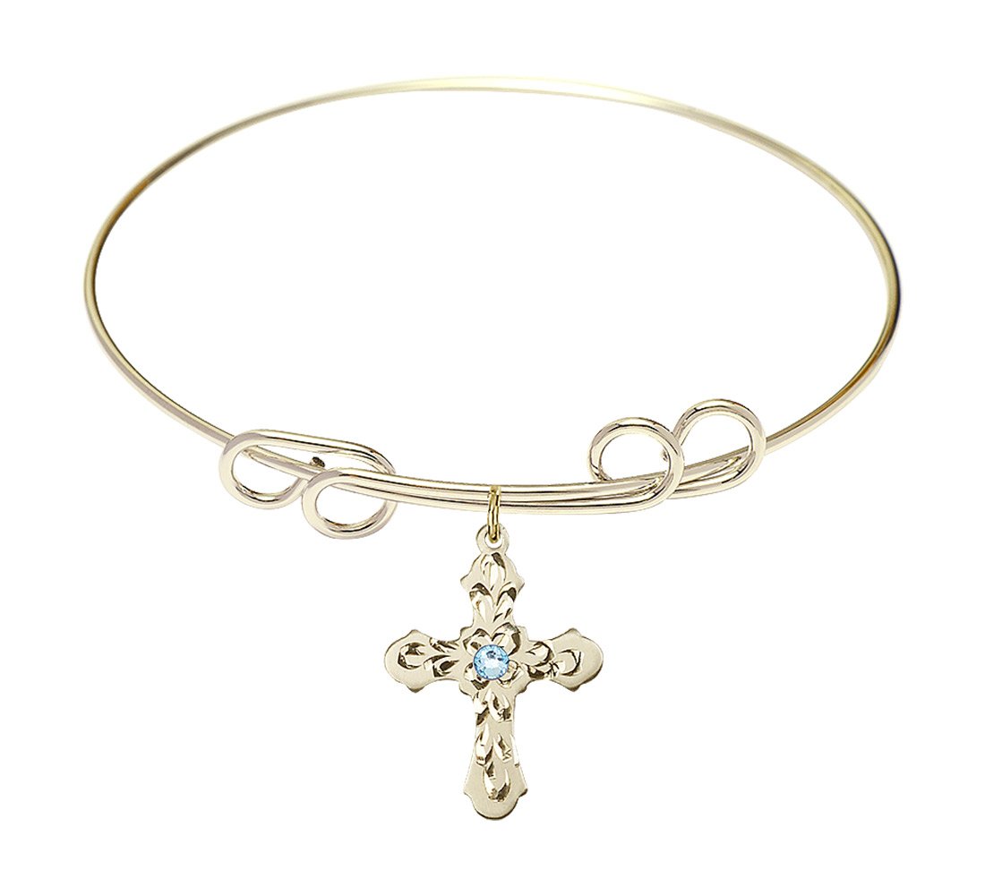 8 Inch Round Double Loop Bangle Bracelet with Cross Charm & March Birthstone Blue Crystal - Elegant Jewelry for Women, Perfect for Birthdays, Anniversaries, and Everyday Wear