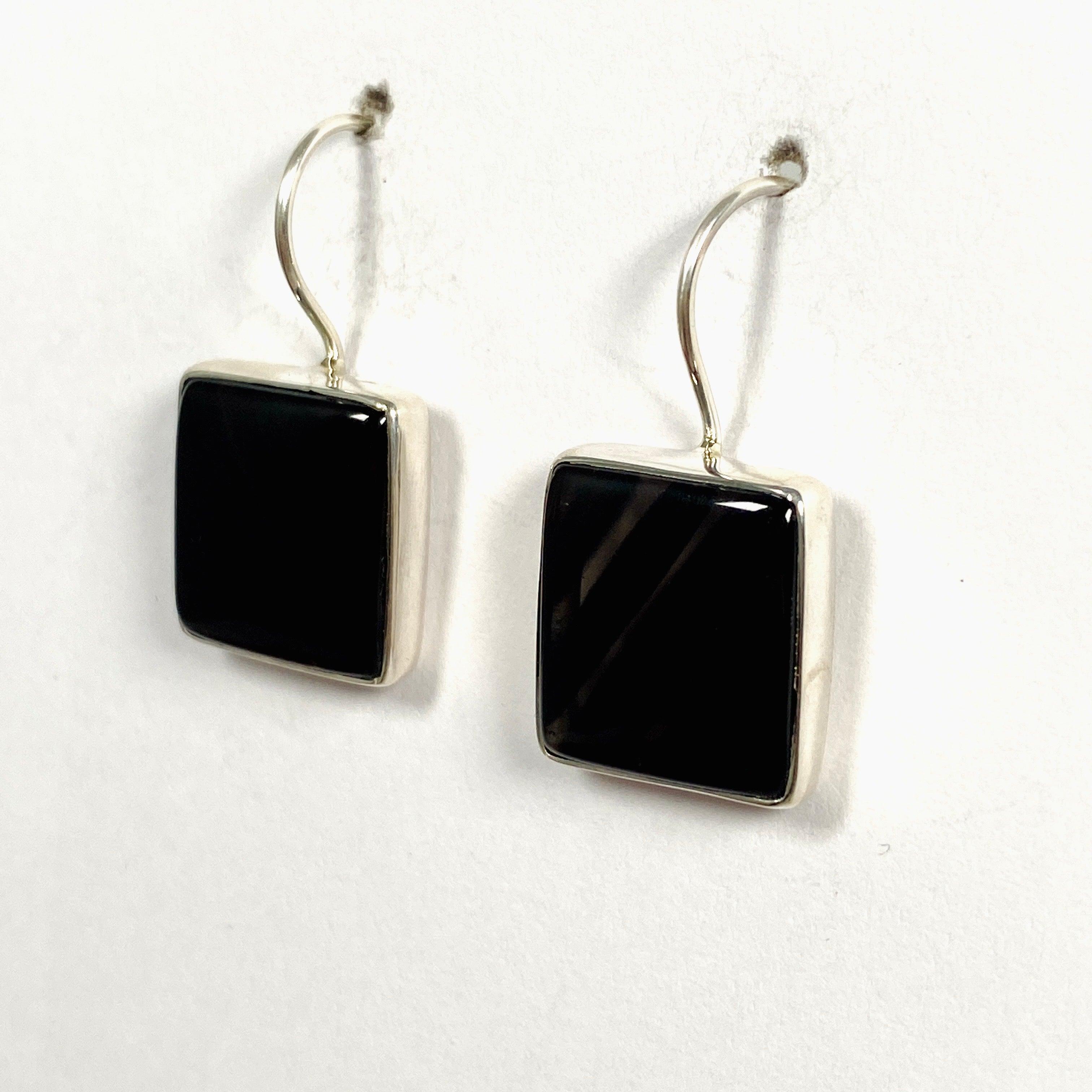 Midnight Obsidian Square Hook Earrings for Women - Elegant Black Gemstone Jewelry Gift for Parties, Weddings & Evening Events - KEGJ1350
