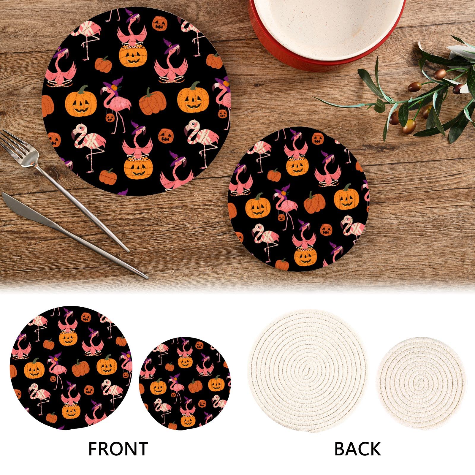 **Pink Flamingo Halloween Trivets - 2 Pack Heat Resistant Pot Holders for Hot Dishes, Pans & Bowls - Autumn Cotton Weave Kitchen Decor for Thanksgiving & Fall Parties**    *(Use for holiday dinners, pumpkin decor, or as festive kitchen accents!)*