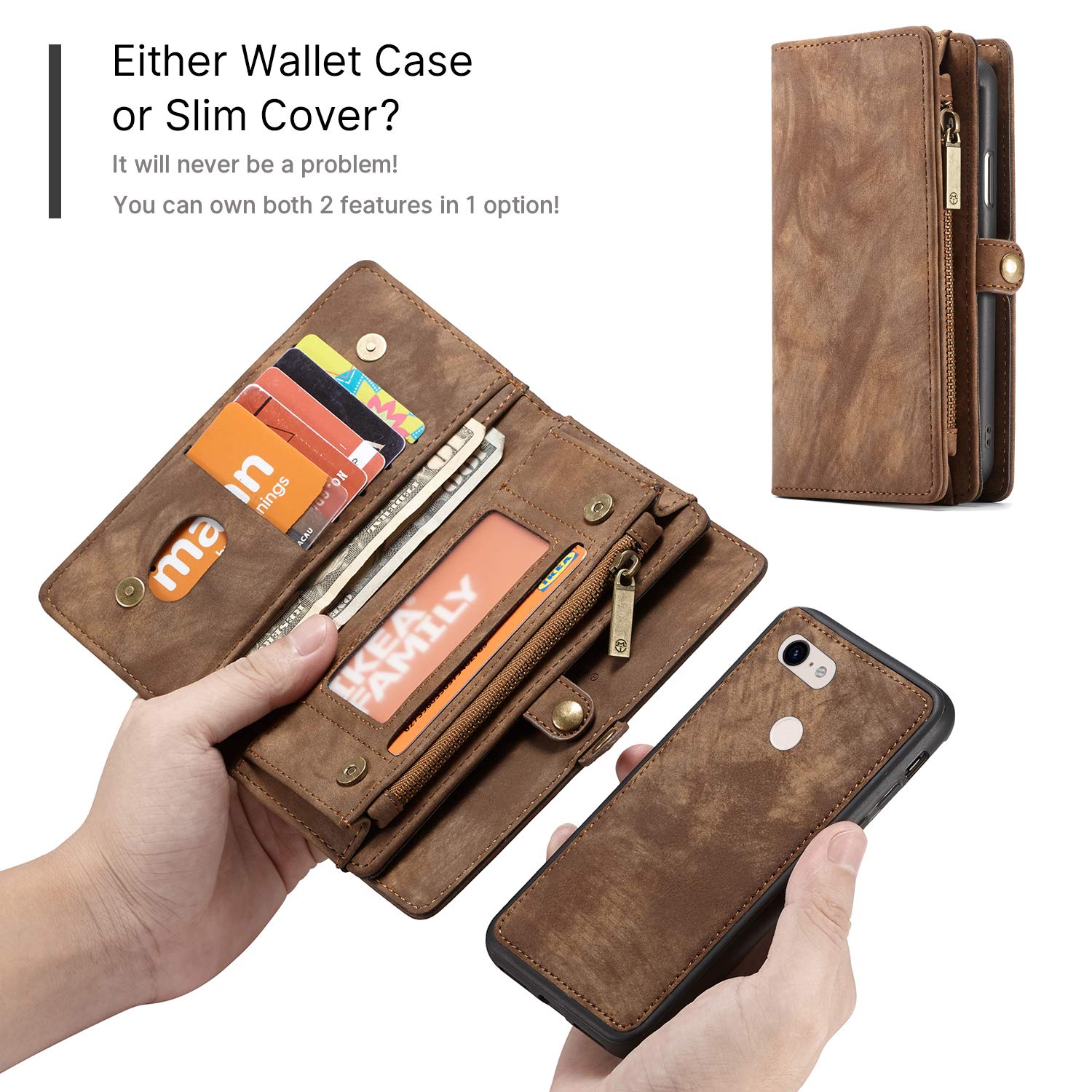 Google Pixel 3A Leather Wallet Case with Zipper Purse, Detachable Card Slots, Magnetic Wrist Strap & Shockproof Protection - Perfect for Travel, Work & Everyday Use (Brown, Pixel 3A)