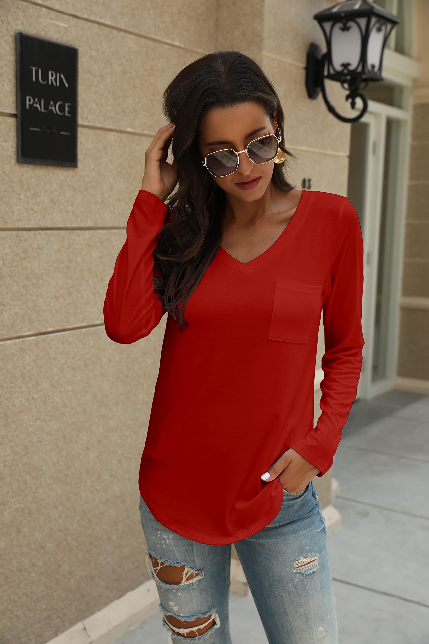 Tobrief Women's Long Sleeve V-Neck Casual T-Shirt with Pocket - Loose Fit Comfortable Blouse for Everyday Wear, Work & Outings
