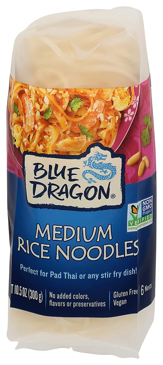 Blue Dragon Medium Rice Noodles 10.58 Oz (Pack of 4) - Gluten Free, Vegan, 2-Ingredient Asian Noodles for Stir Fry, Soup & Pad Thai
