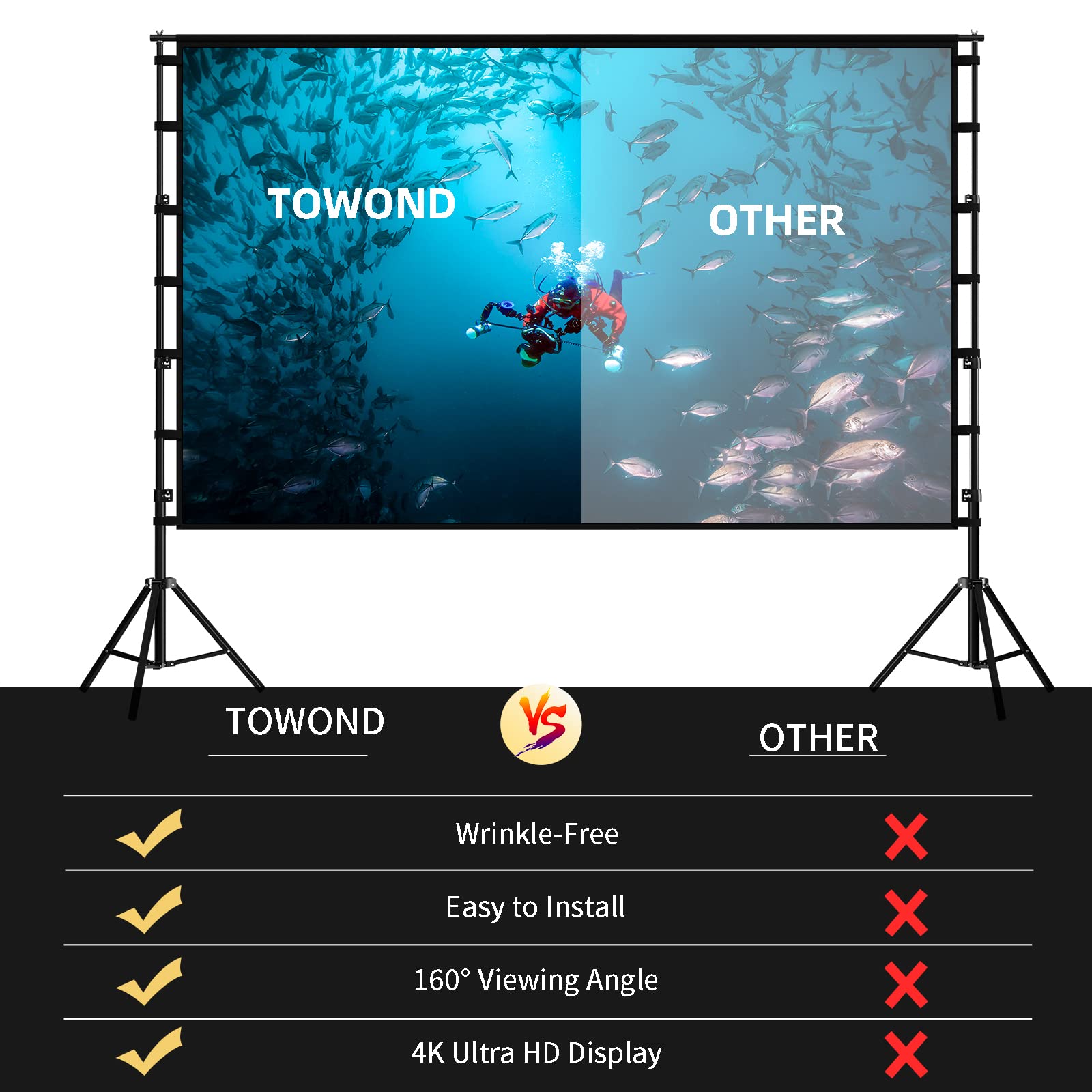 Towond 150 Inch Portable Projector Screen with Stand - Indoor/Outdoor 16:9 4K HD Movie Screen for Home Theater & Backyard Cinema | Wrinkle-Free Design, Includes Carry Bag | Perfect for Movie Nights, Outdoor Events & Presentations