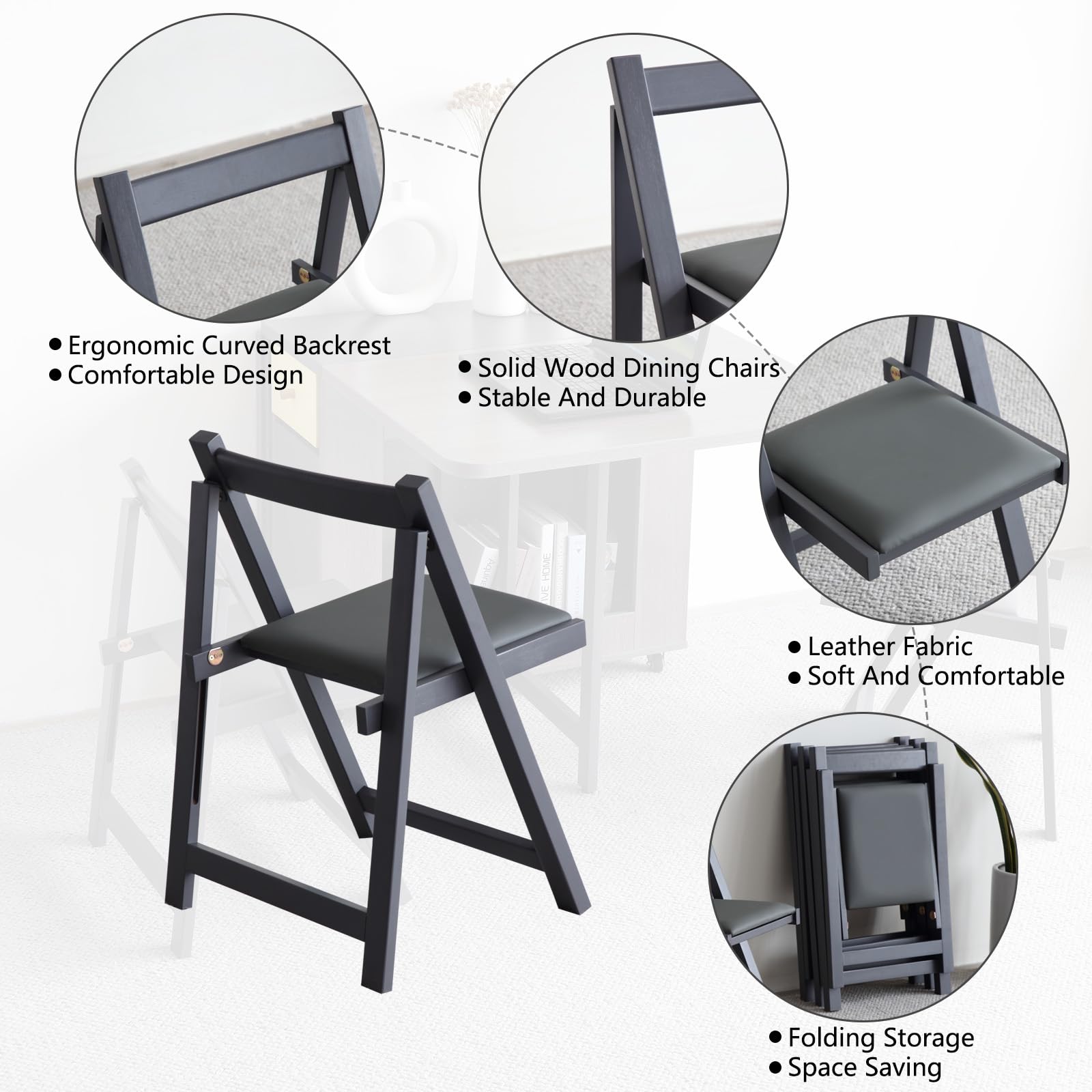 FUNROLUX 2 Pack Wooden Folding Chairs with Padded Seats - Sturdy 198LB Capacity, Space-Saving Grey Dining Chairs for Kitchen, Dining Room, Party & Events - Indoor Use Only