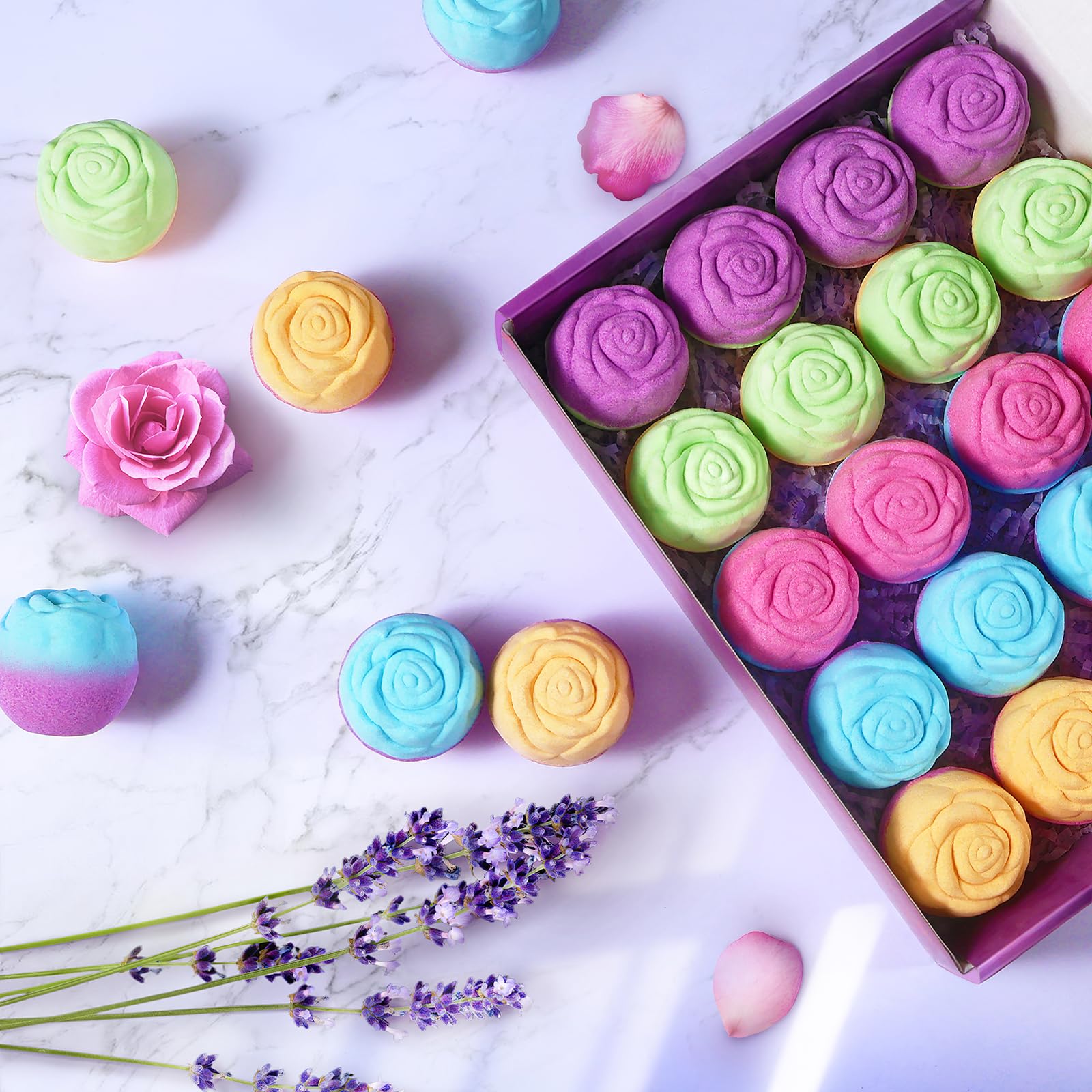 20 Pcs Handmade Rose Bath Bombs with Natural Essential Oils - Relaxing Home Spa Fizzies for Women, Bubble Bath Gift Set for Mom, Wife, Birthday & Self Care - Perfect for Stress Relief & Romantic Soaks