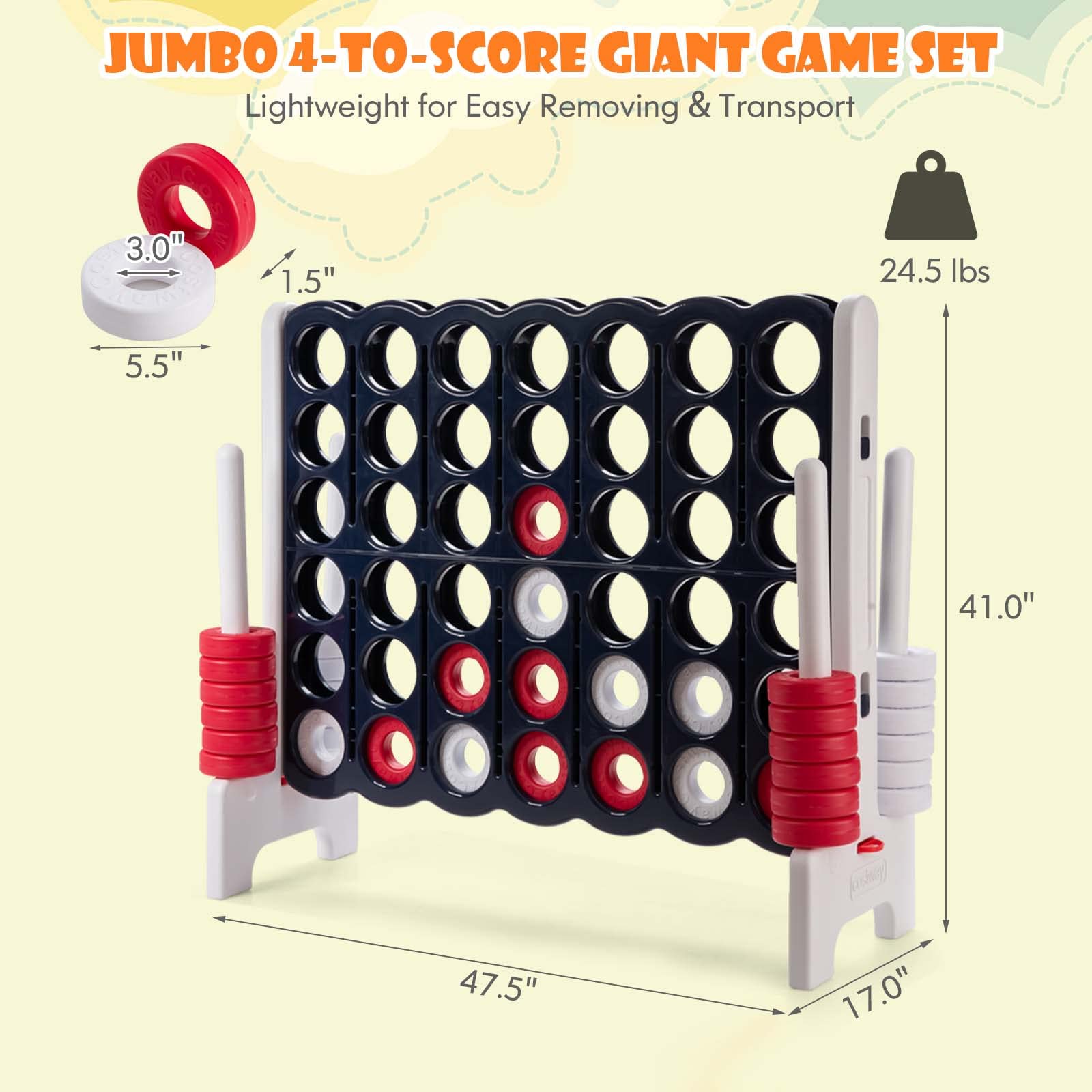 HONEY JOY Jumbo 4-to-Score Giant Connect 4 Game Set - 42 Oversized Rings & Quick-Release Slider - 3.5FT Tall Outdoor Yard Game for Kids, Adults & Family Fun - Perfect for Backyard Parties, Picnics & Beach Games