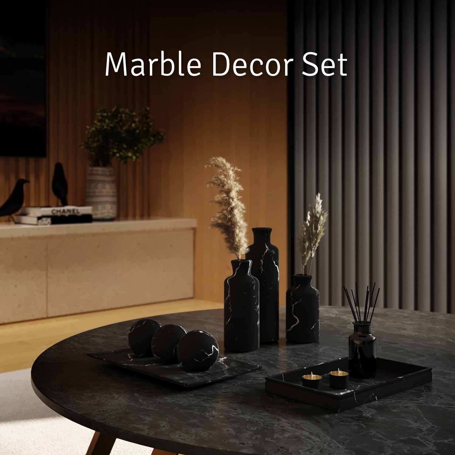 Creative Scents Black Marble Look Home Decor Bowl and Orb Set - Elegant Coffee Table Centerpiece for Living Room, Dining Table, Kitchen Counter & Entryway - Modern Housewarming Gift & Stylish Interior Design Accent (Perfect for Wedding Decor, Holiday Tablescapes & Luxury Home Styling)