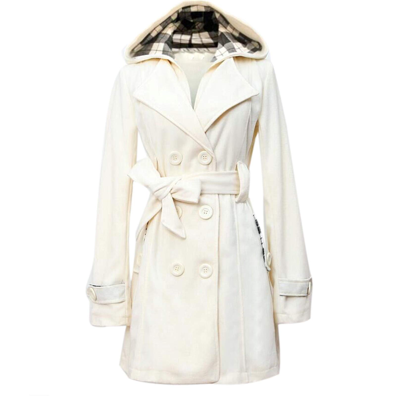 Women's Warm Winter White Hooded Blazer Jacket with Belt - Double Breasted Down Coat for Cold Weather | Office Wear, Casual Outfits & Outdoor Activities