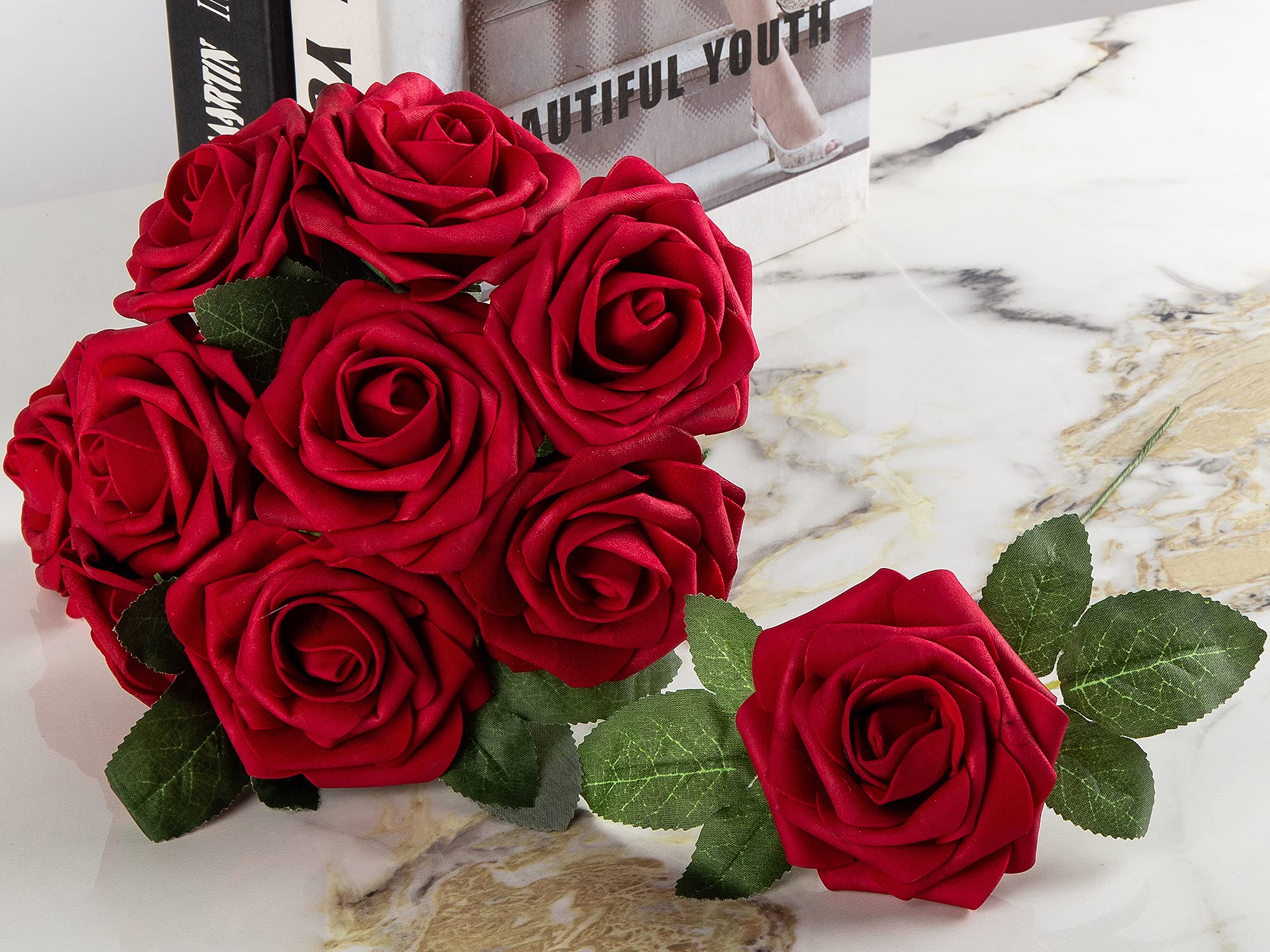 25pcs Realistic Artificial Foam Roses with Stems & Leaves - Dark Red Fake Flowers for Home Decor, Wedding Bouquets, Party Centerpieces, DIY Crafts, Garden Arrangements - Perfect for Valentine's Day, Anniversaries & Table Decorations